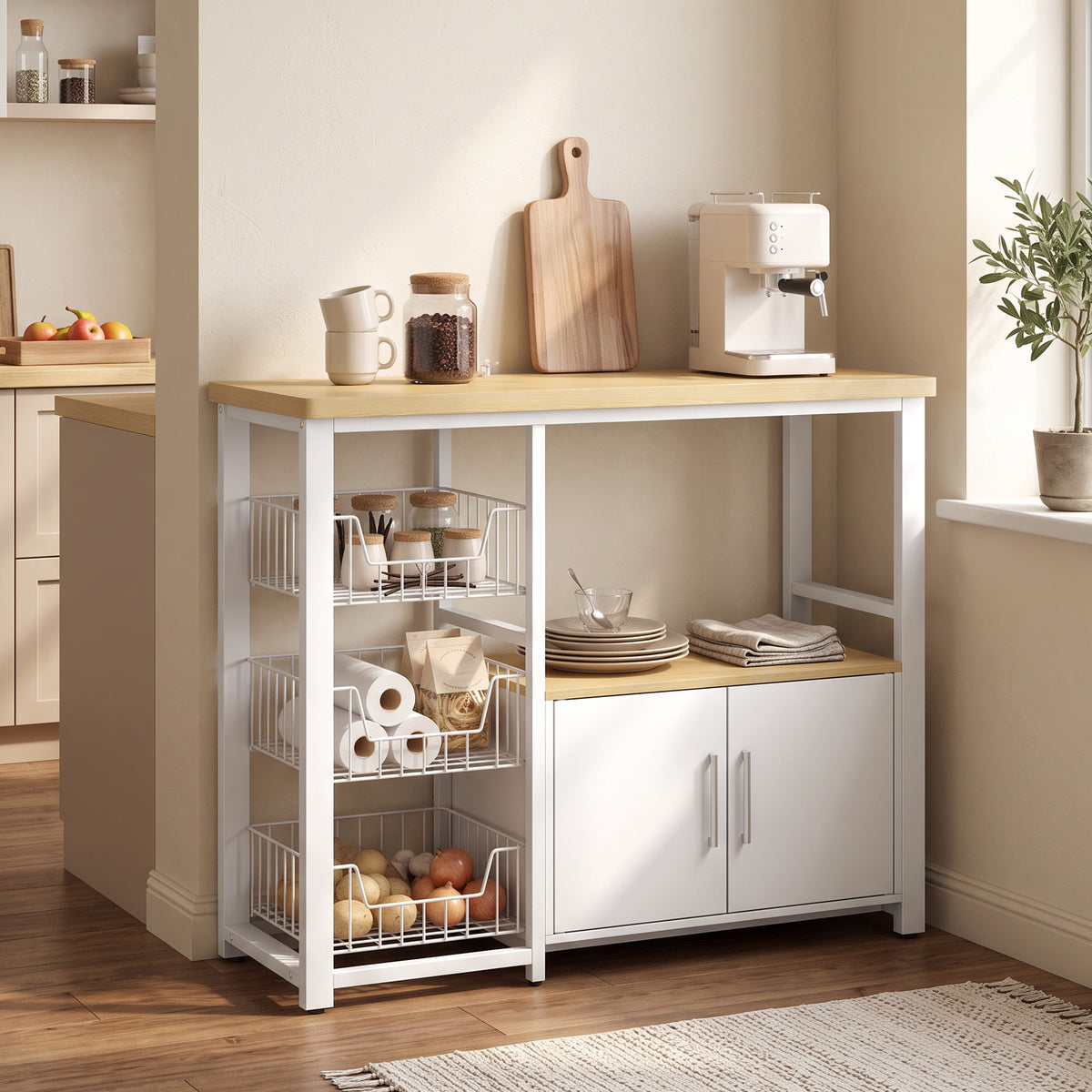 HOMCOM Küchenregal mit Stauraum, Mikrowellenregal mit 3 Körben und Schrank, 100 x 35 x 80 cm, Weiß – Produktabbildung 2