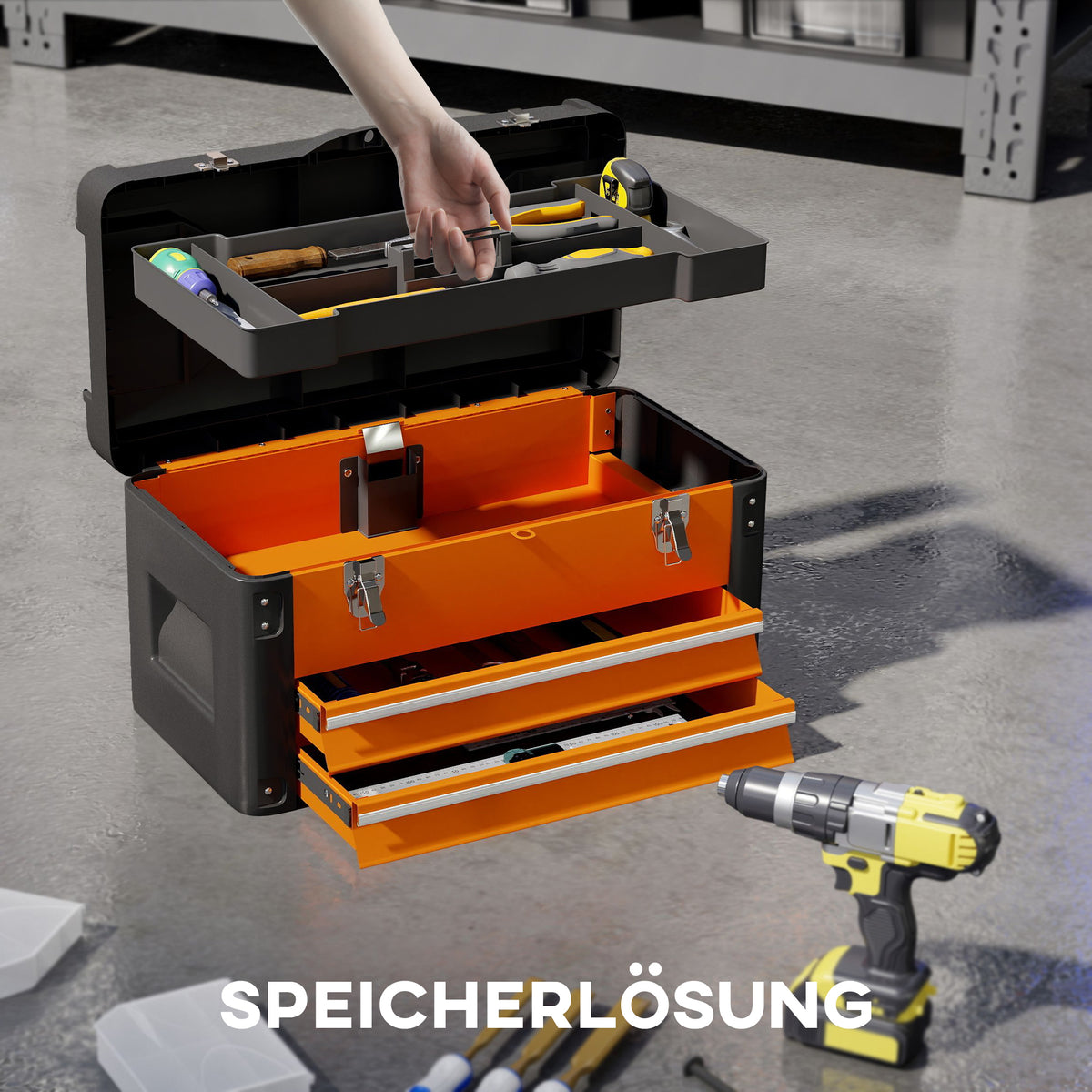 HOMCOM Werkzeugkiste leer, 49,7 x 25,3 x 28,9 cm Werkzeugkasten mit Schublade, Mini-Box Stahl Orange – Produktabbildung 4