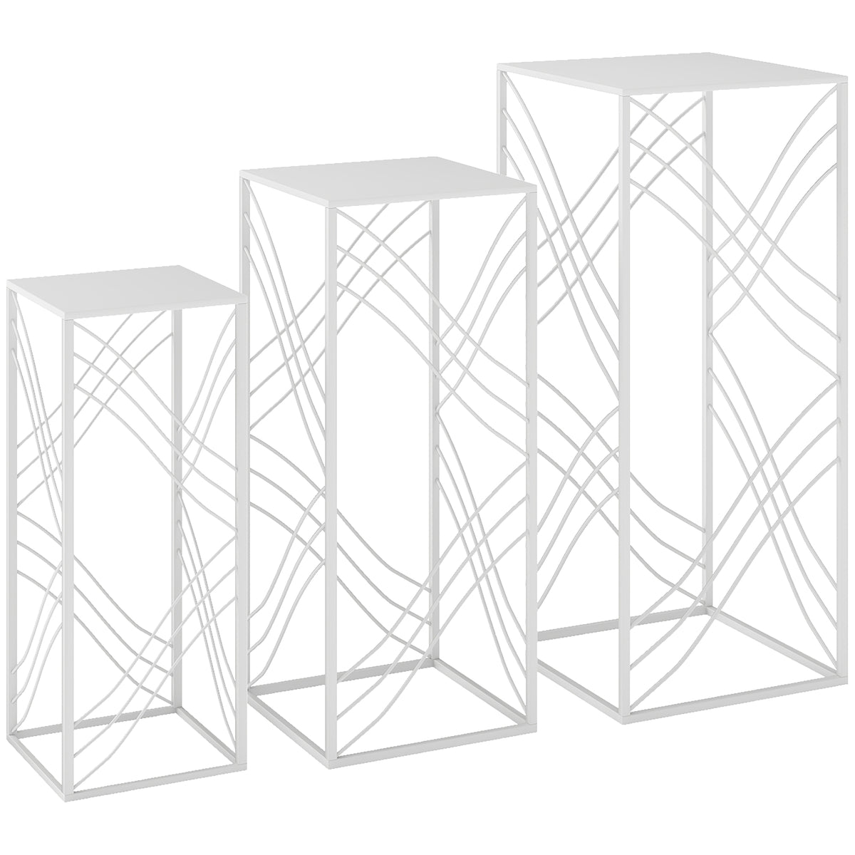 Outsunny 3er-Set Pflanzenständer, 50/60/70 cm hoch Blumenständer, stapelbar Pflanzenregal aus Metall Weiß