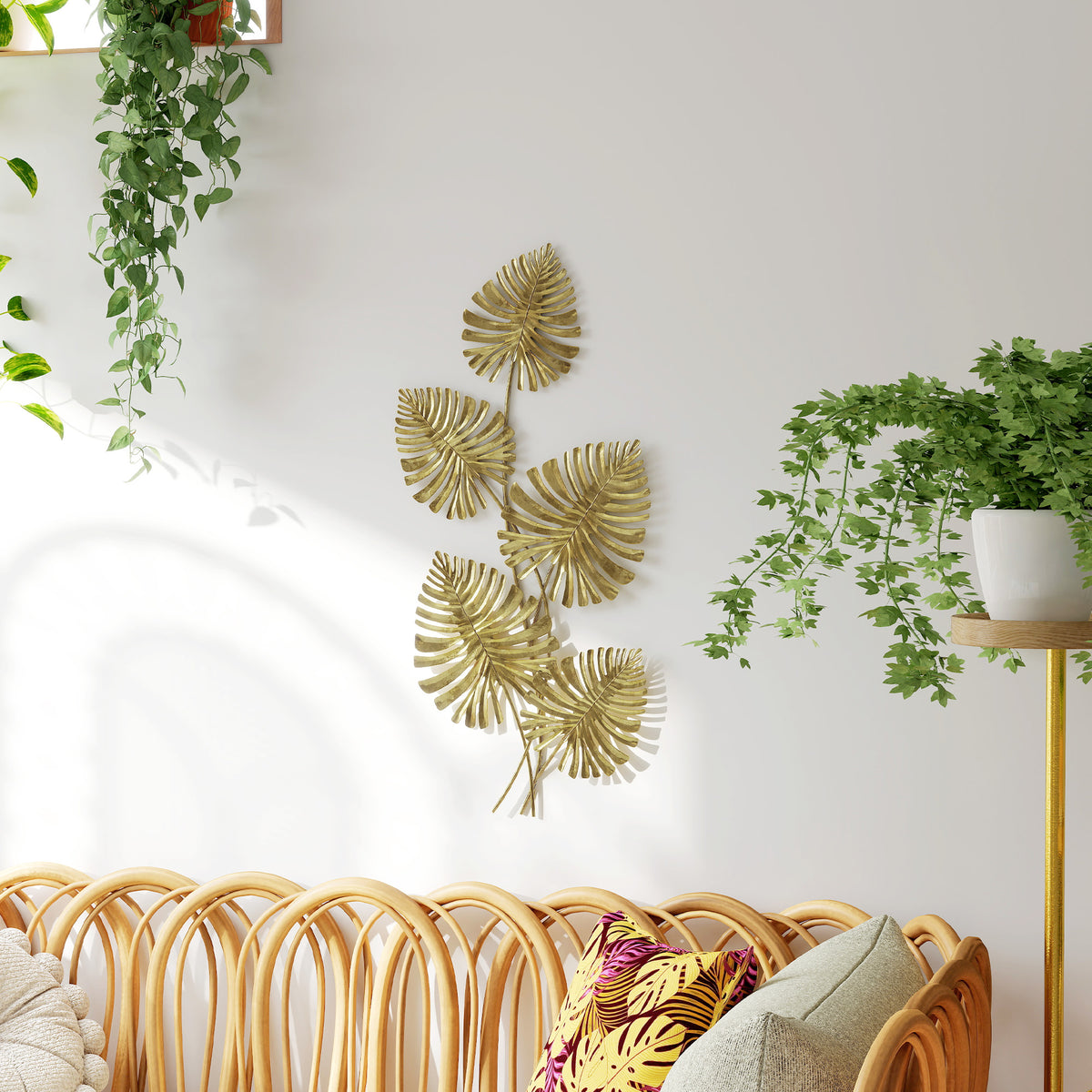 Metal wall decor set, lacquered finish, leaf shape, gold-colored (2)