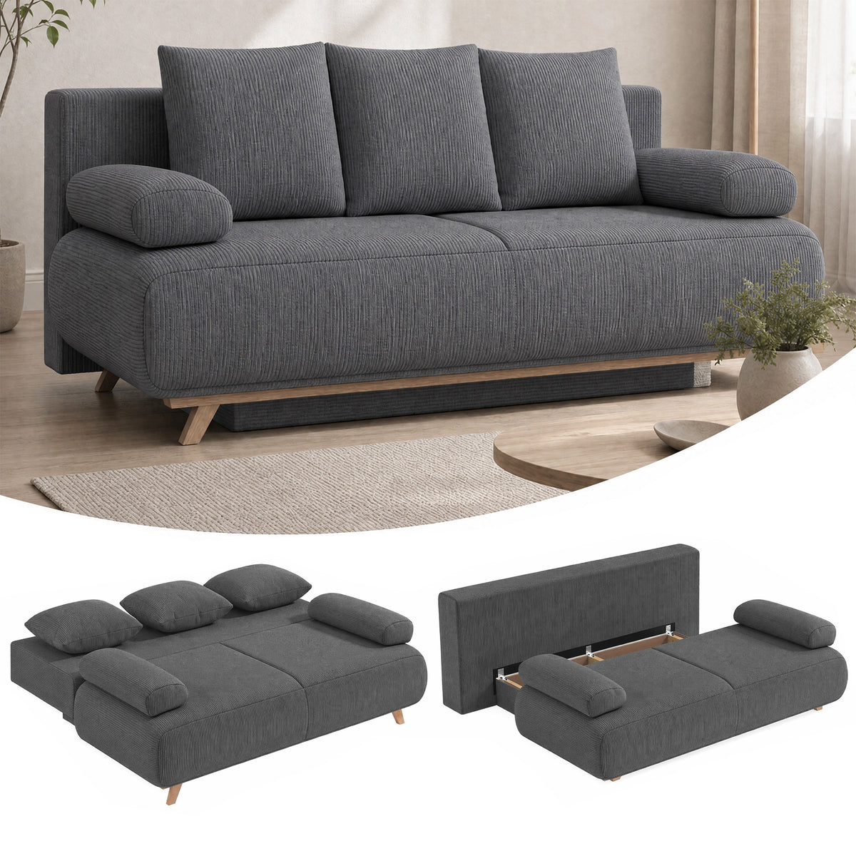 HOMCOM Schlafsofa mit verstellbarer Rückenlehne, Bettfunktion, verstecktem Stauraum und Cordbezug, Grau – Produktabbildung 2