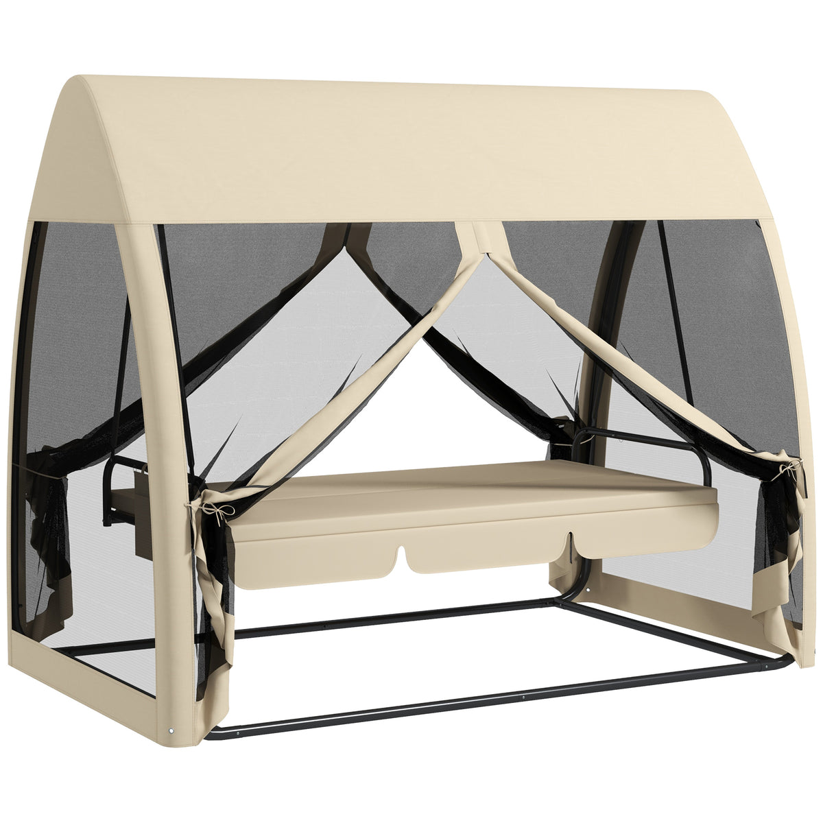 3-seater patio swing, porch swing with bed function, canopy swing with mosquito net and steel frame, coffee