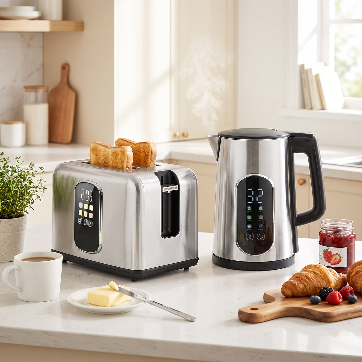 1.5 L kettle, 2200 W, with LED touchscreen, 2-slice toaster with 6 browning levels, silver (2)