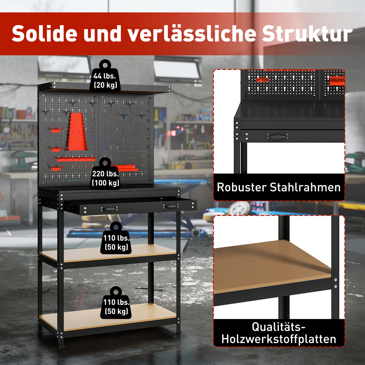 HOMCOM Werkbank 80 x 40,5 x 155 cm Werkzeugbank mit Lochwand, Haken, Schublade, 2 Ablagen für Werkstatt – Produktabbildung 6