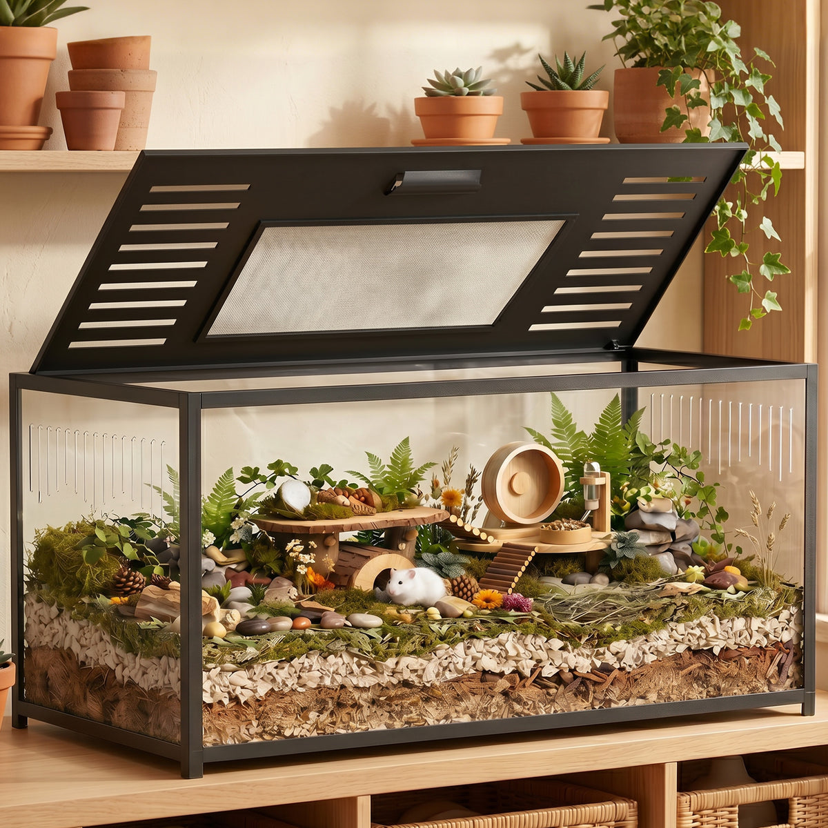 Large Hamster Cage 100 x 50 x 52.5 cm Aluminum Acrylic Rodent Cage with Hinged Lid Deep Tray Double Door (2)