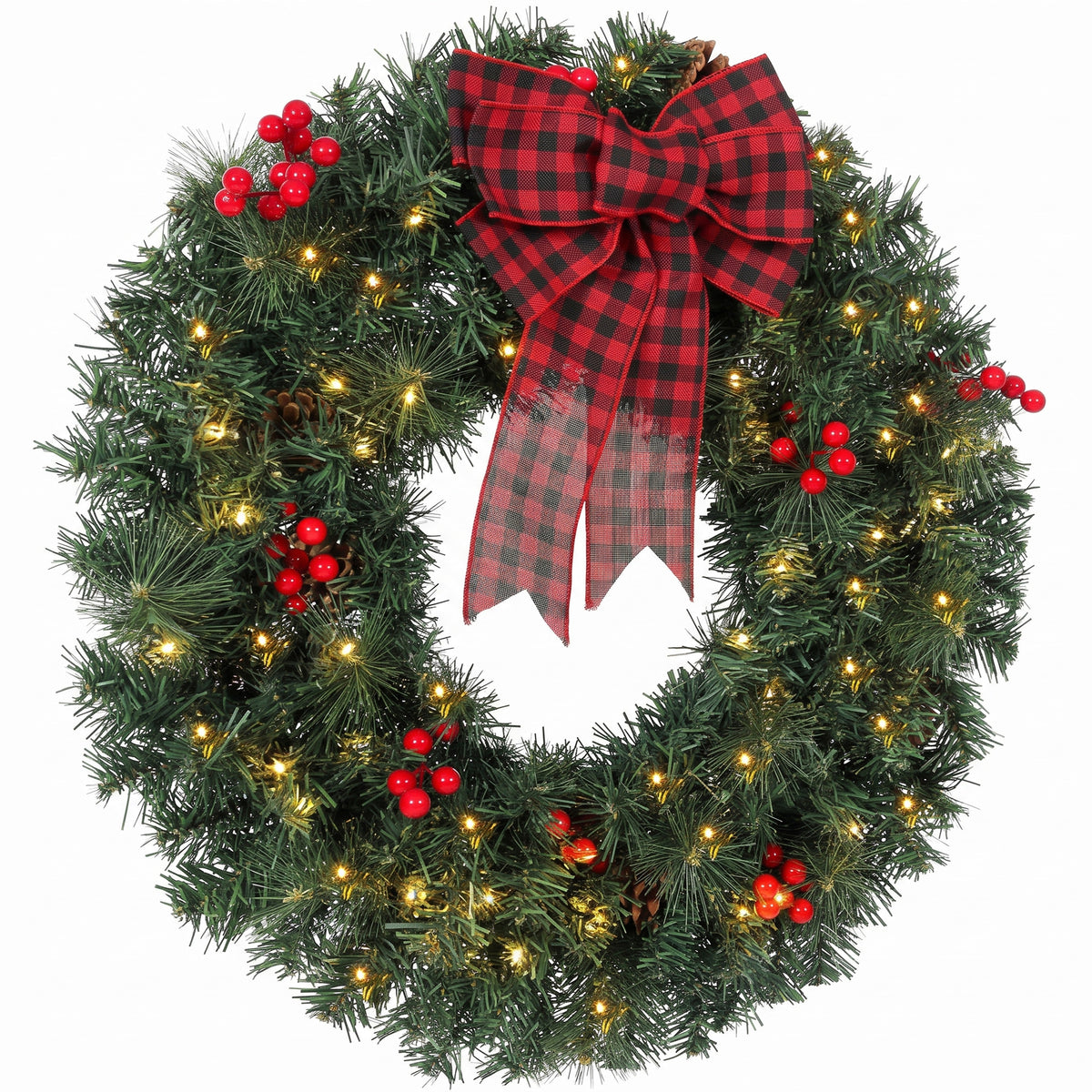 Christmas wreath 60 cm door wreath with Crestwood spruce design, bow, 50 LEDs, 140 branch tips, 8 light modes