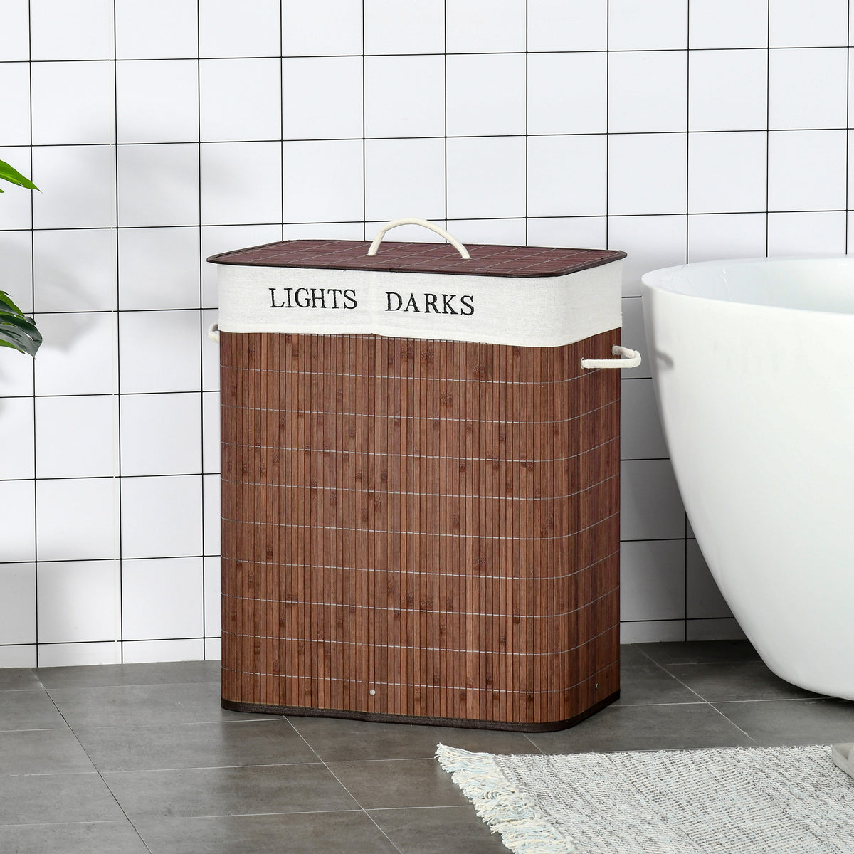 HOMCOM Bambus Wäschekorb schmal mit Deckel 100L Wäschesammler mit Griffen, 2 herausnehmbarer Wäschesack – Produktabbildung 2