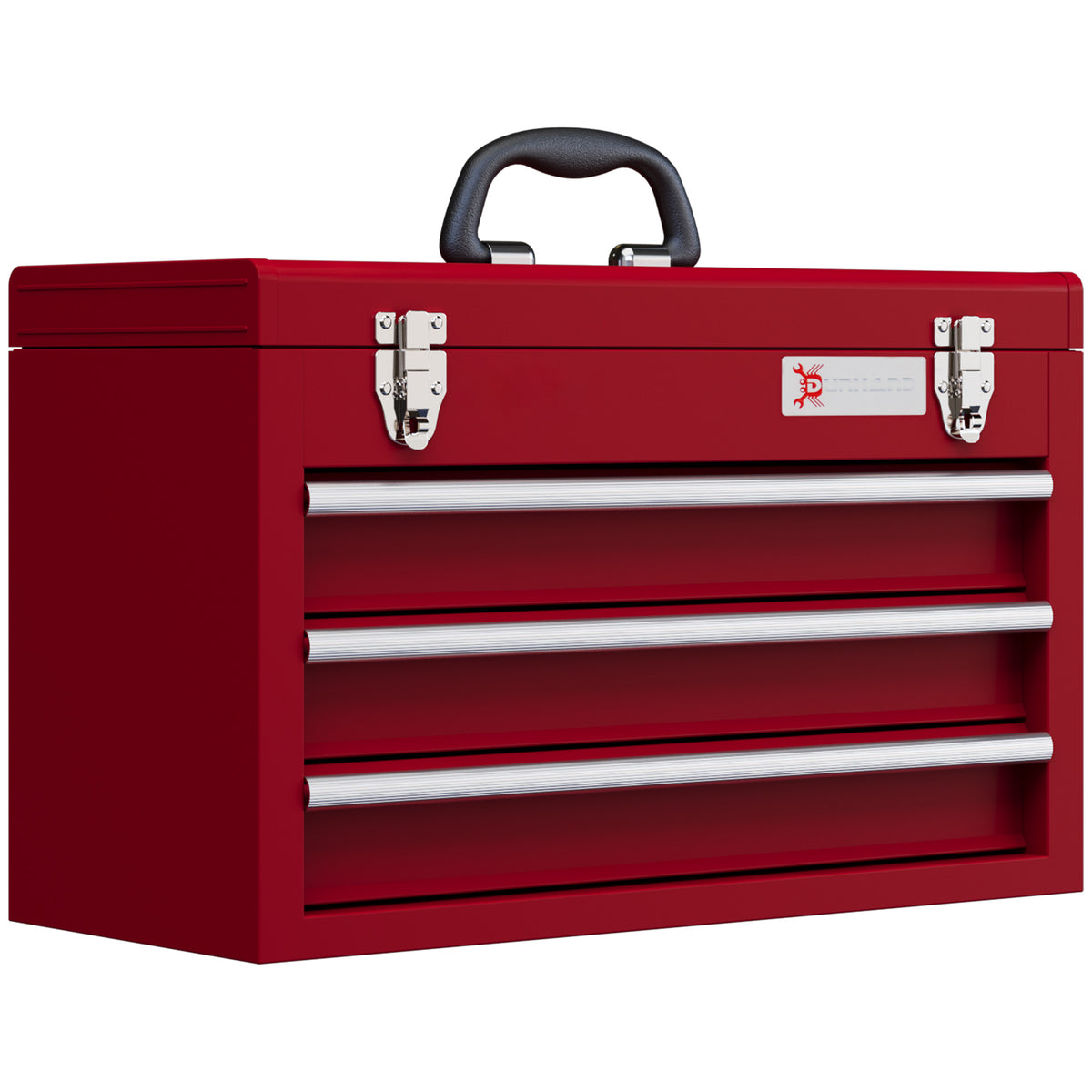 Werkzeugkiste mit 3 Schubladen, oberes Staufach, Stahlverschlüsse, Tragegriff, 51x22x32 cm, Rot