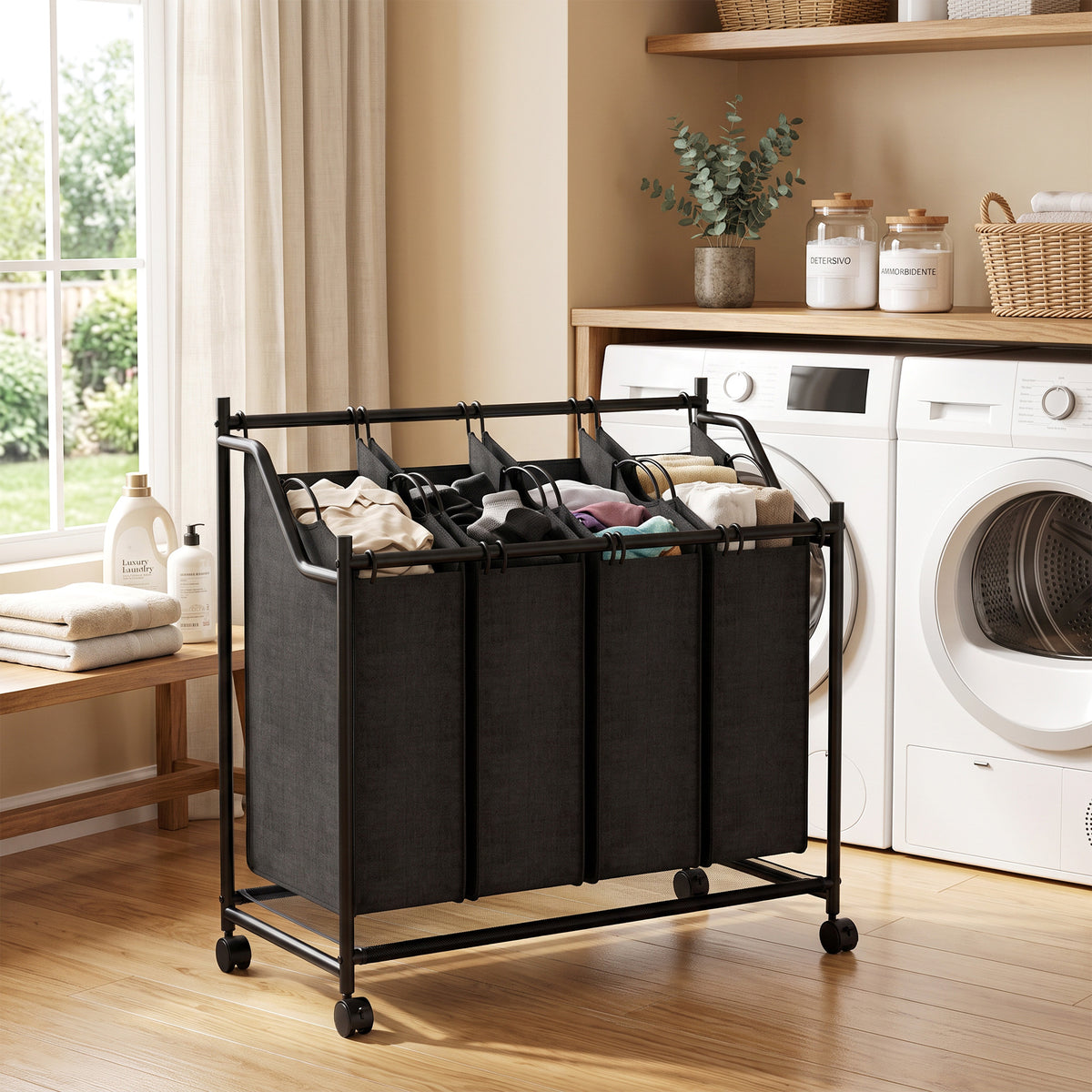 HOMCOM Wäschesammler mit Griff, 108 L rollbarer Wäschekorb mit 4 Fächern und Rollen, Schwarz – Produktabbildung 2