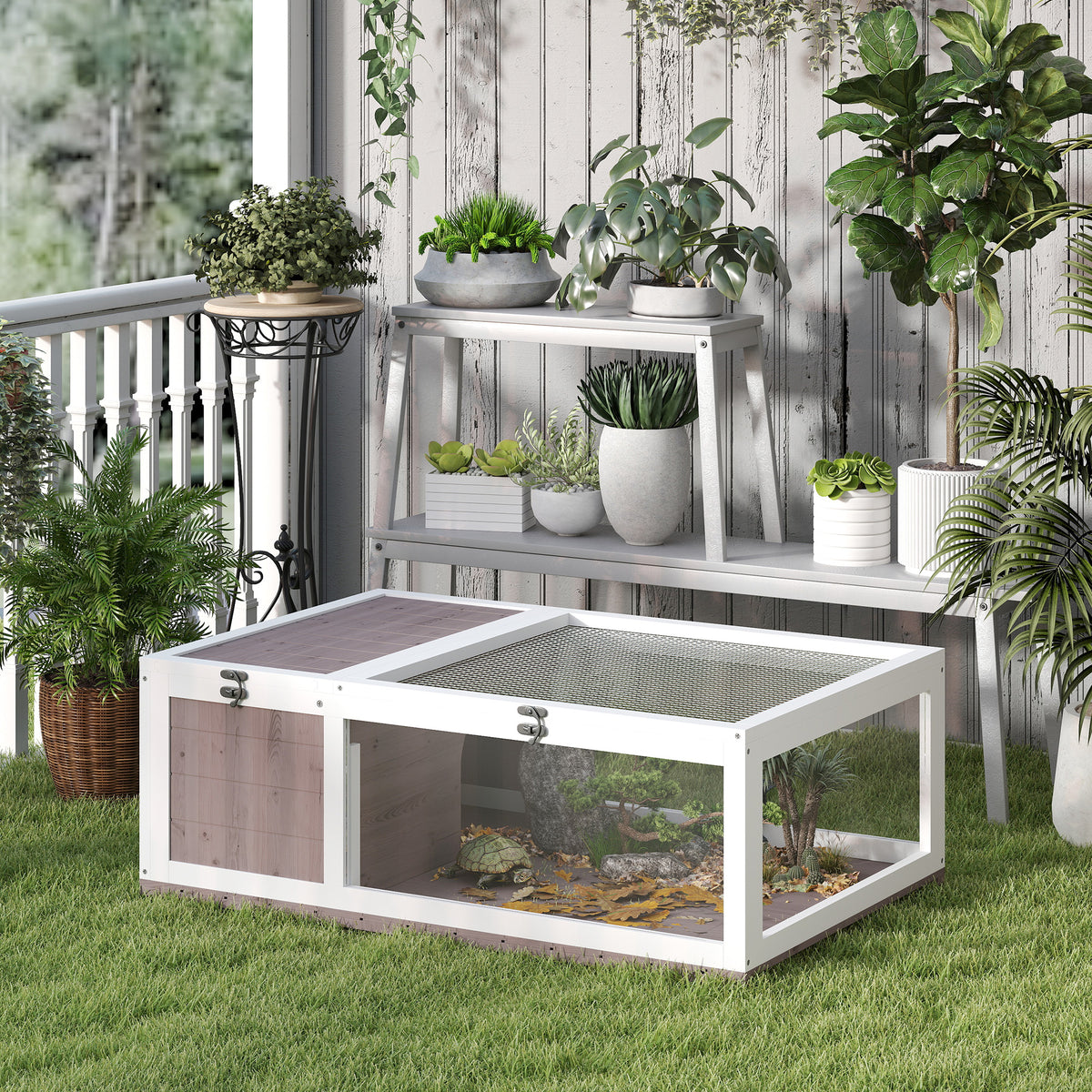 Wooden tortoise house tortoise enclosure with main houses and hinged top 91x60.5x32 cm, brown (2)