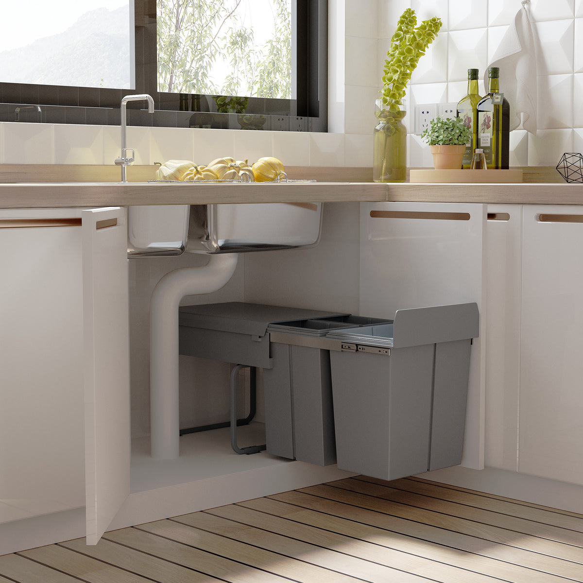 HOMCOM Mülleimer-Konstruktion mit 3 Abfalleimern zur Mülltrennung, Schienensystem, einbaubar, 3er-Set – Produktabbildung 2