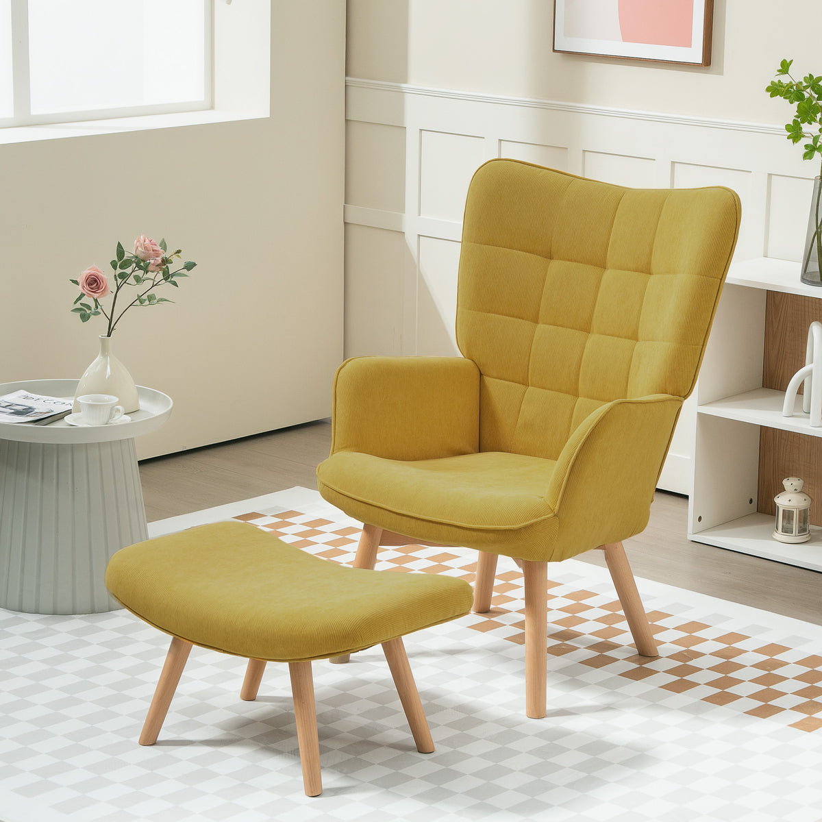 Accent chair with ottoman, corduroy-look lounge chair, armchair with wooden legs, for living room, orange (2)