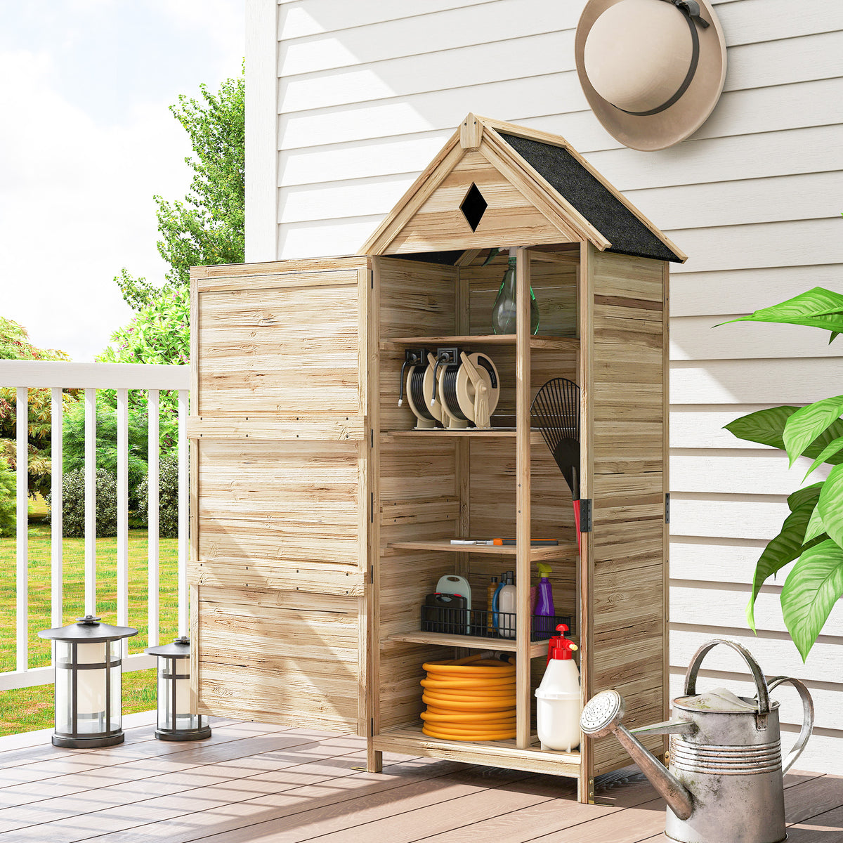 Garden shed with 4 shelves, wooden storage shed, waterproof asphalt roof, 80 x 49 x 170 cm, light brown (2)