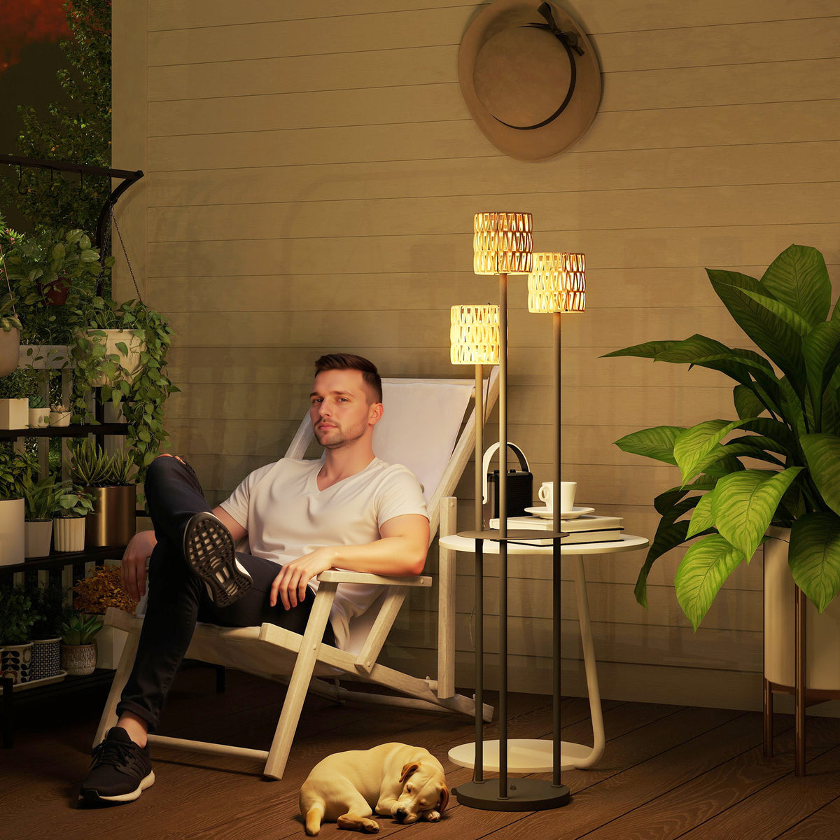 Solar Rattan Floor Lamp, Solar Lamps with Light Sensor, 3 Lights, Boho-Style Solar Light, IP44, Ø37 x 144H cm (2)