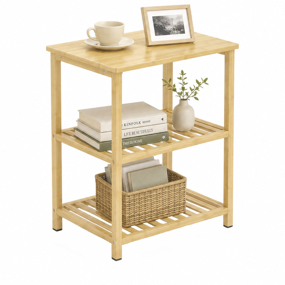 Bamboo side table, 3 tiers with slatted shelves, for small spaces, living room & bedroom, natural (2)