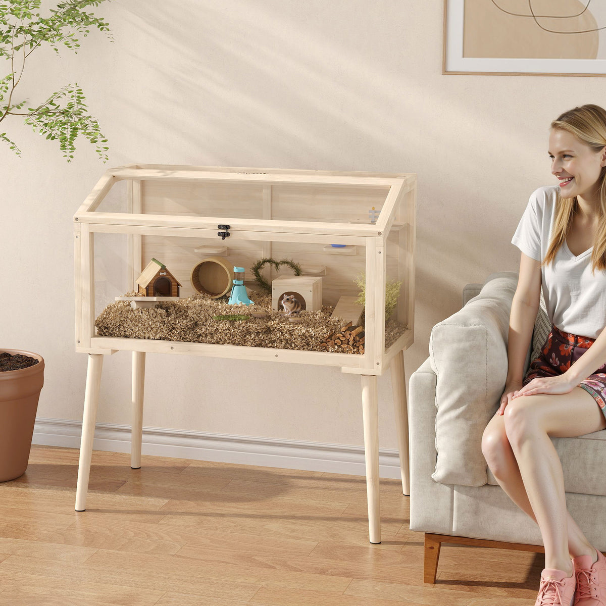 Hamster cage, dwarf hamster enclosure, small animal hutch with accessories, water bottle, 110 x 52 x 101 cm (2)