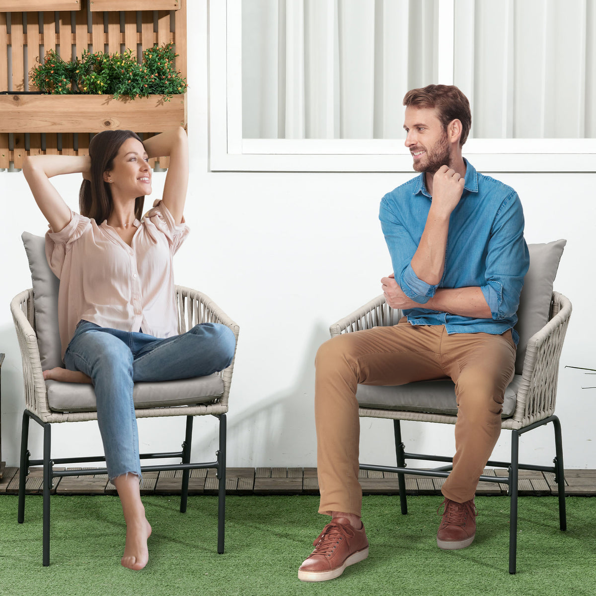 Outsunny Terrassenstuhl 2er-Set, Boho-Stil, bequeme Sitzschale, Sitzauflagen, waschbarer Bezug – Produktabbildung 2