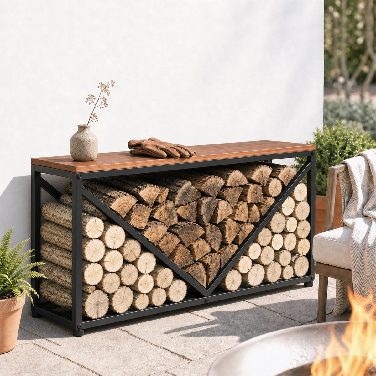 Outsunny 2-in-1 Kaminholzregal für innen 98 x 28 x 50 cm erhöhtes Brennholzregal mit Ablage Trennwand – Produktabbildung 2