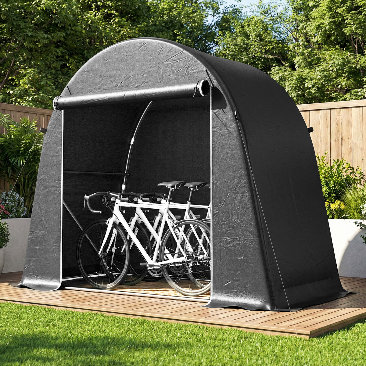 Portable garden shed, bike tent, roll-up zippered door, metal frame, versatile storage, plastic cover, dark gray (2)