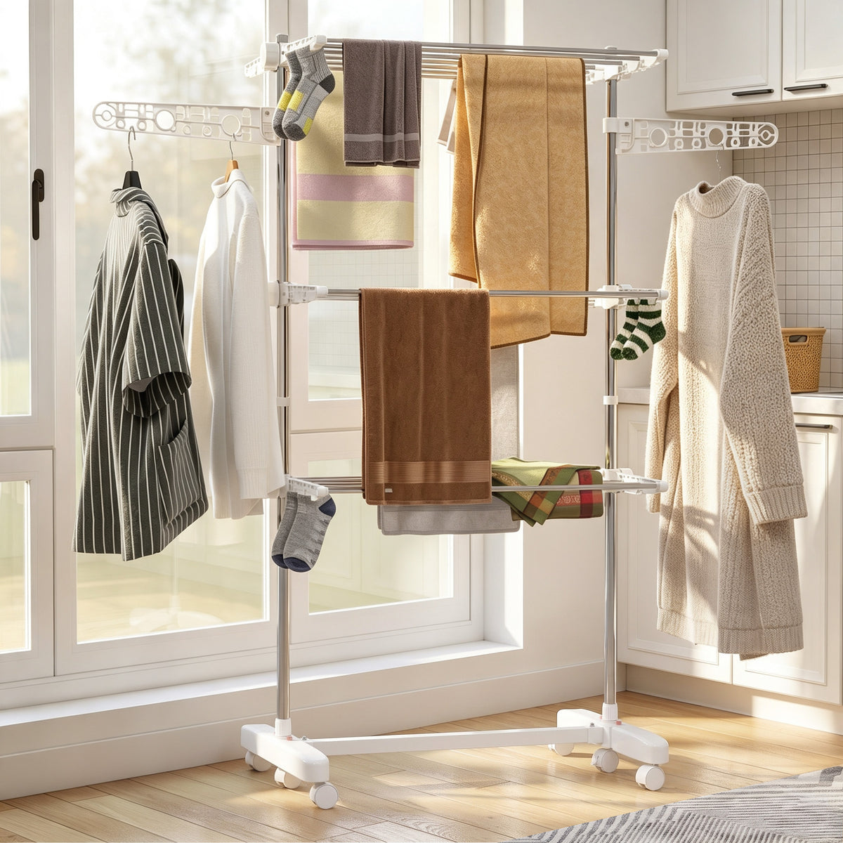Mobile clothes drying rack, laundry dryer, 3 levels, foldable, silver + white (2)