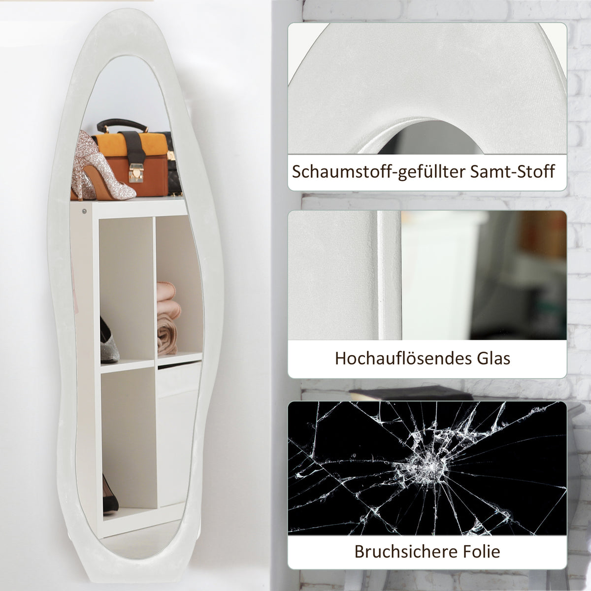 HOMCOM Ganzkörperspiegel, wellige Form, 160 x 50 cm, freistehend, samtartiger Rahmenbezug, Schlafzimmer – Produktabbildung 5