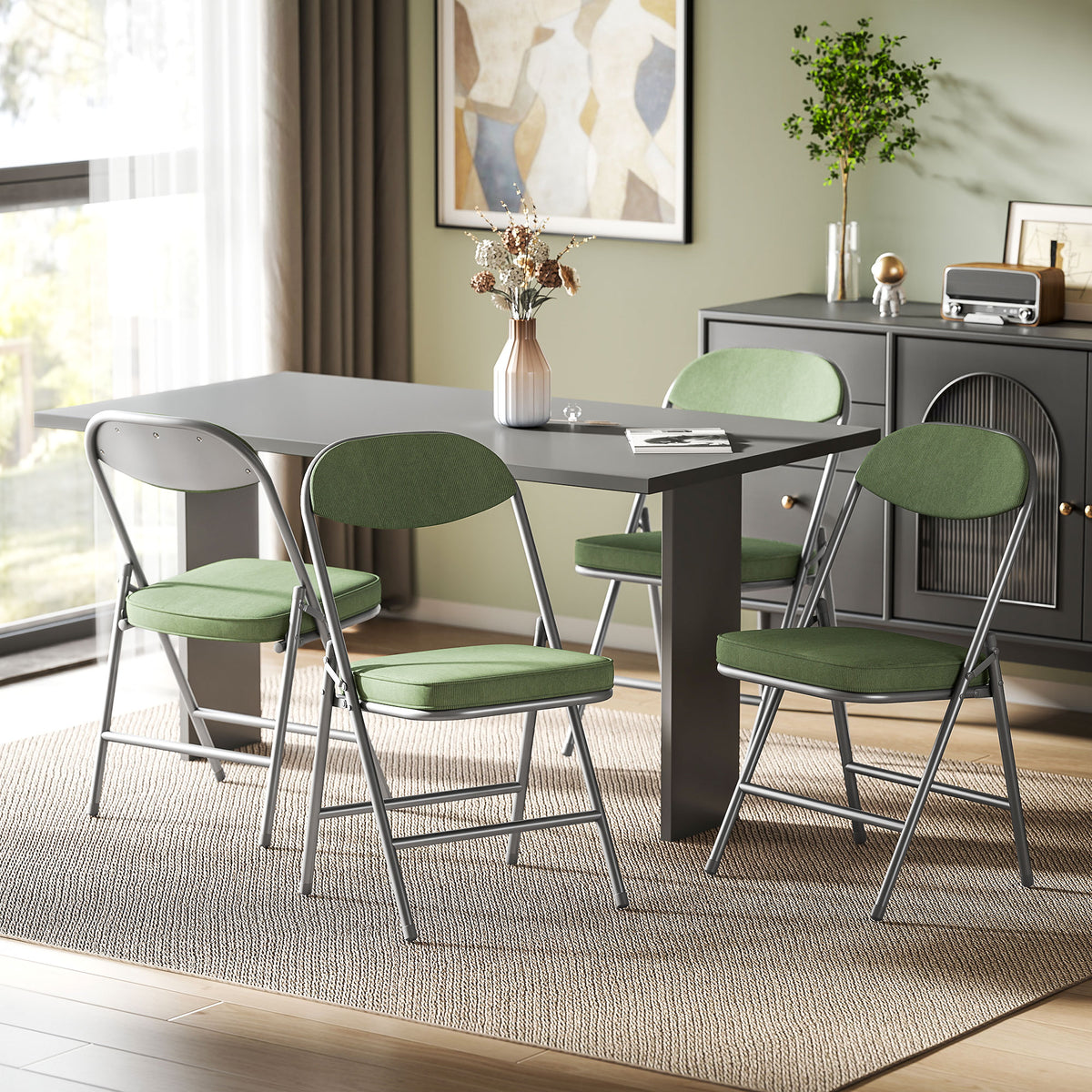 HOMCOM 4er-Set gepolsterte Klappstühle, Faltbare Stühle mit Cordbezug, Rückenlehne, Metallrahmen, Grün – Produktabbildung 2