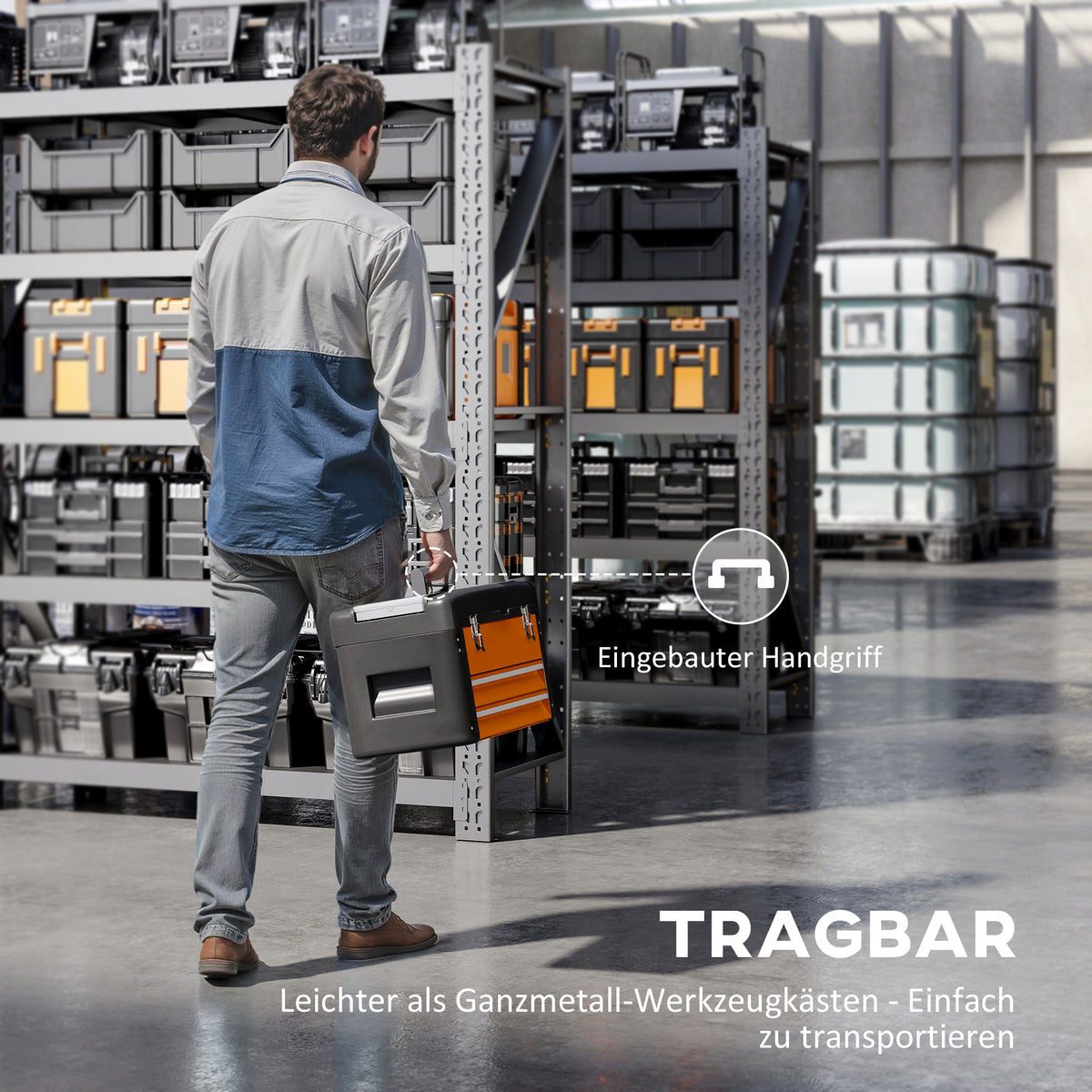 HOMCOM Werkzeugkiste leer, 49,7 x 25,3 x 28,9 cm Werkzeugkasten mit Schublade, Mini-Box Stahl Orange – Produktabbildung 7