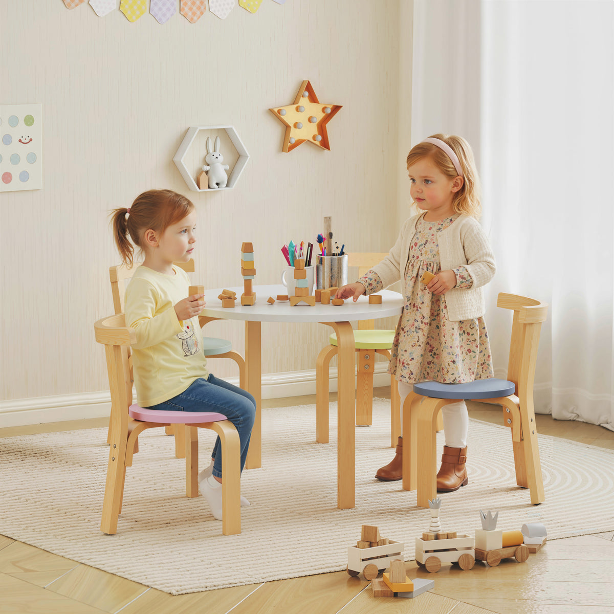 5-piece children's table and chair set, lightweight solid wood, colorful (2)