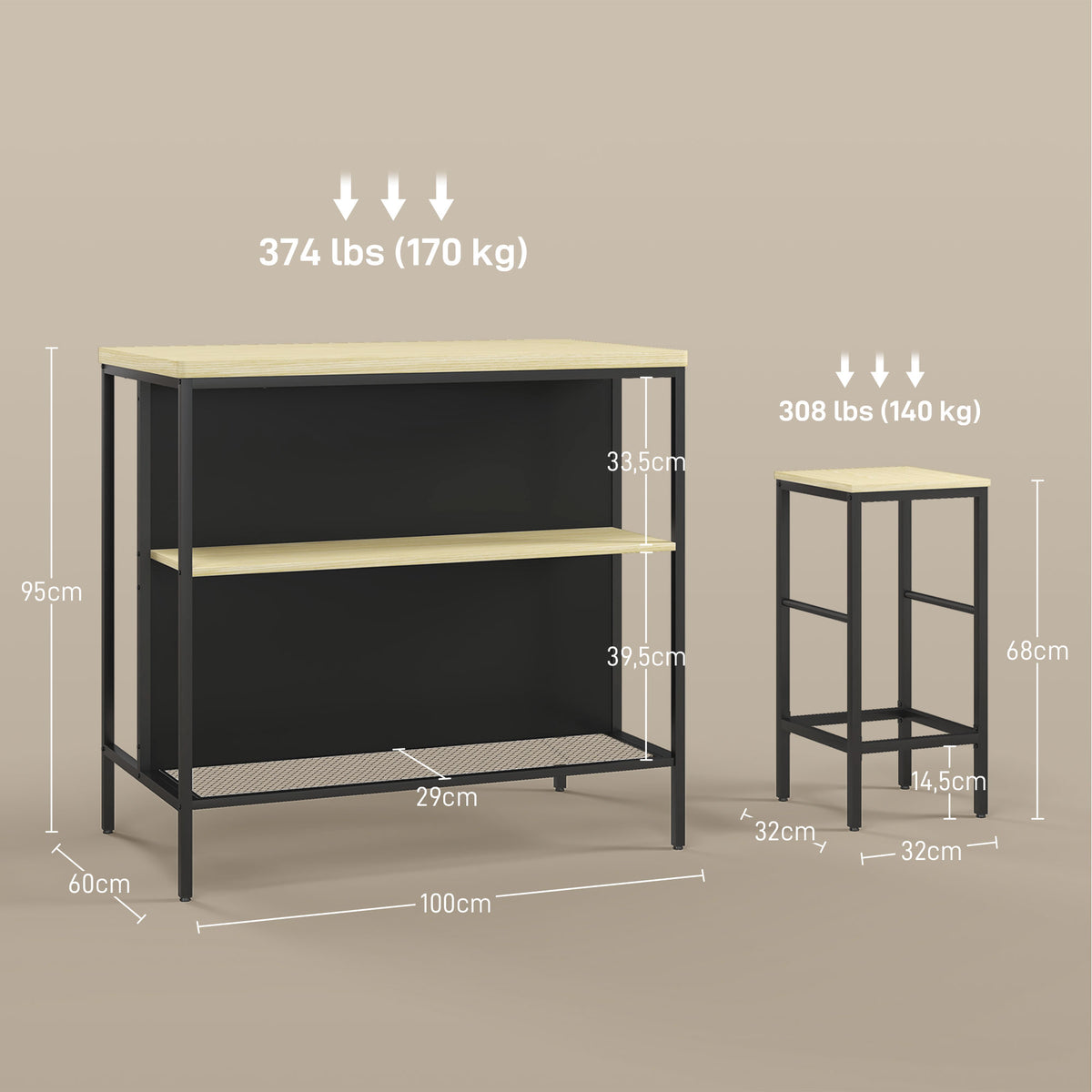 Bar set, 2 bar stools & 1 bar table, stain-resistant, stable, steel frame, black/oak (3)