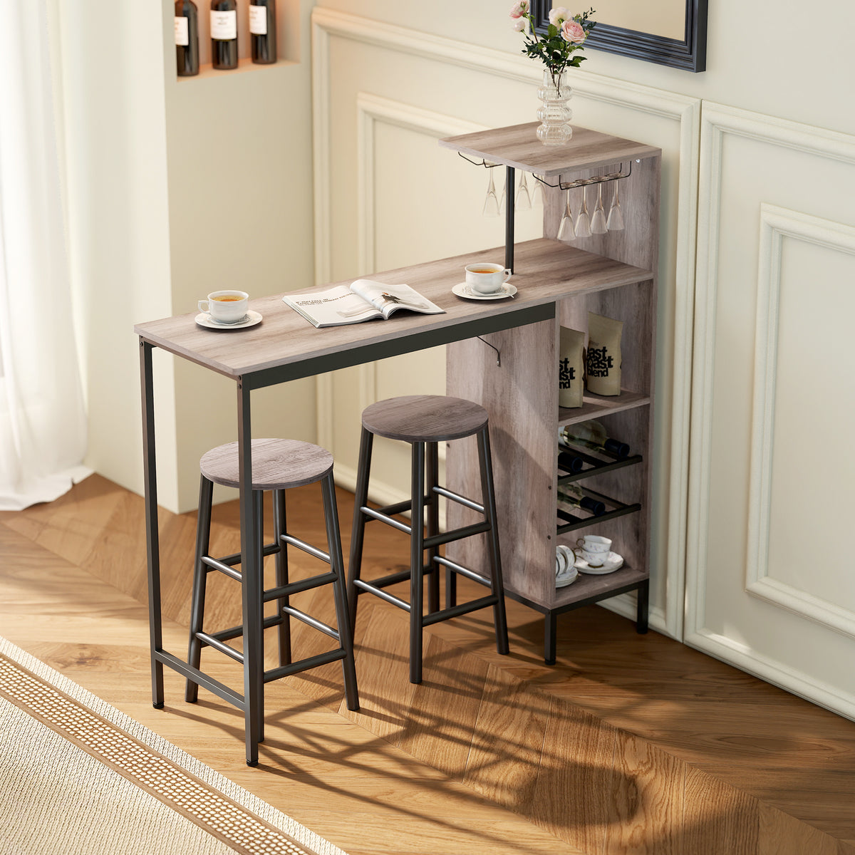 3-piece bar table set with storage space, wine racks, glass holders, stools with footrest, for small spaces (2)
