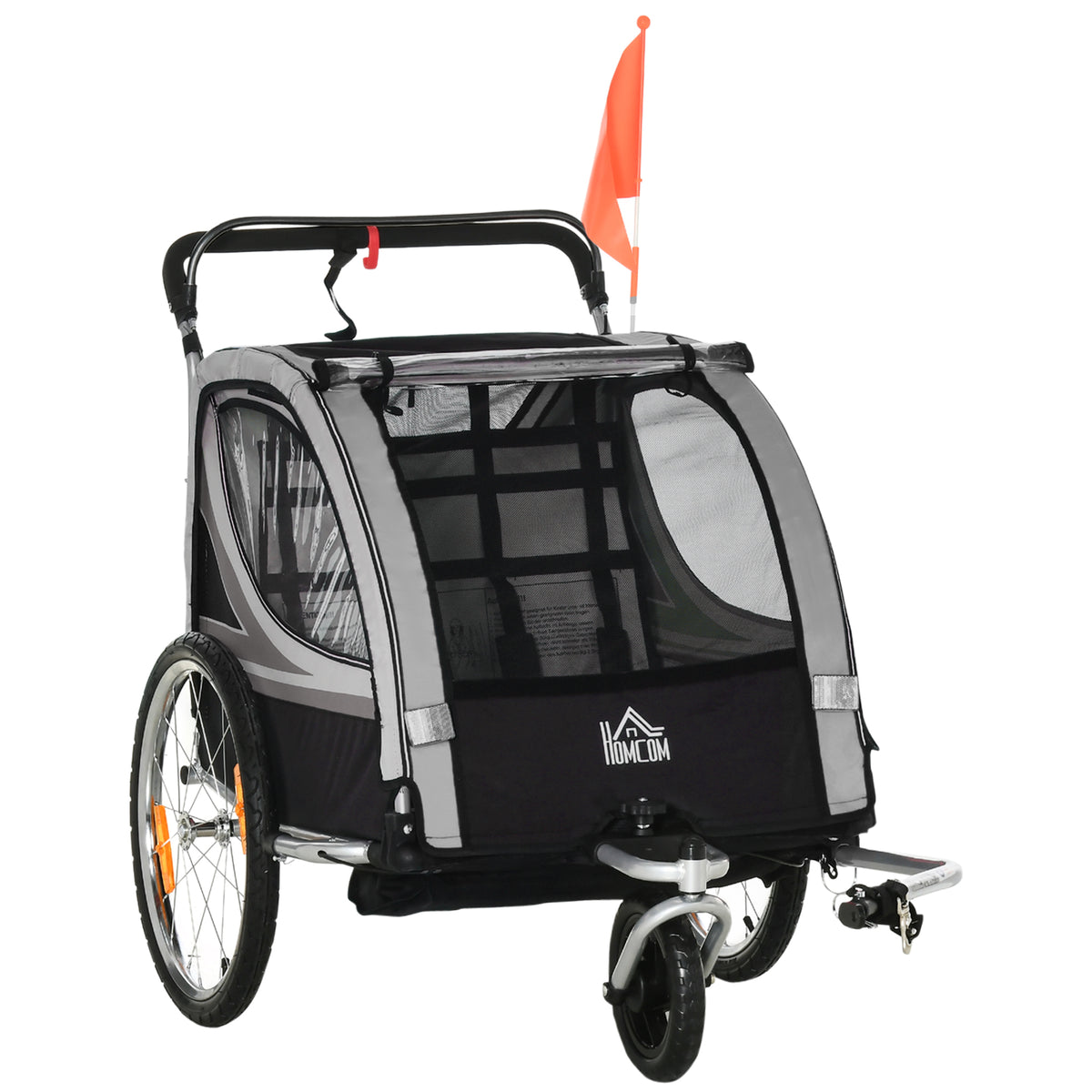 Children's bike trailer, stroller, with brakes, foldable, for 2 children, gray/black