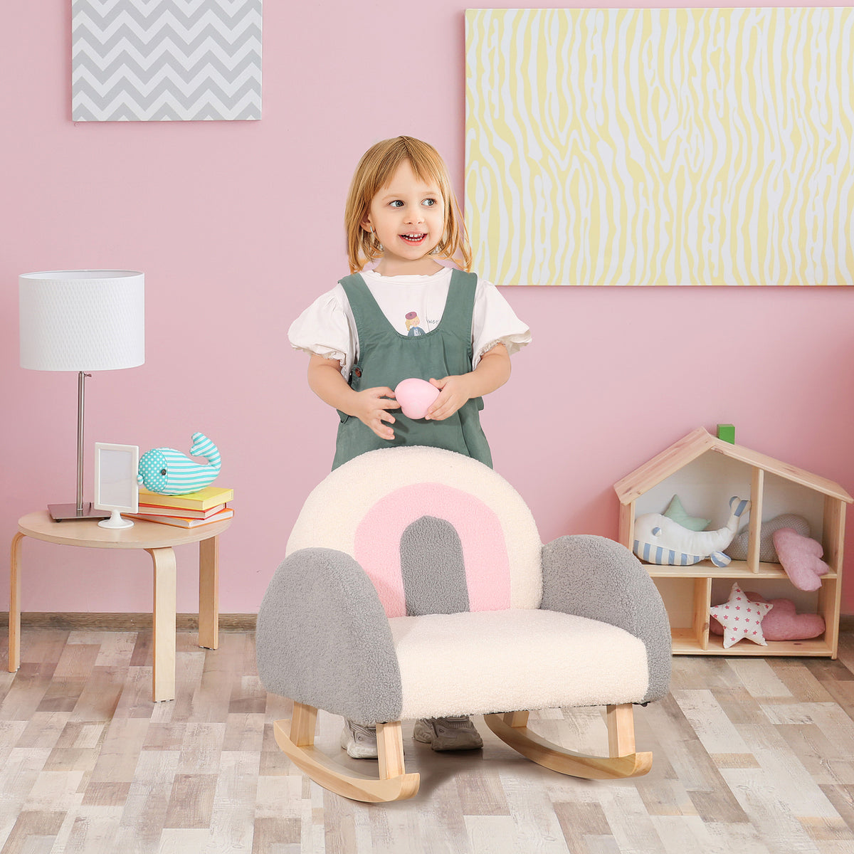 HOMCOM Schaukelstuhl für Kleinkinder, niedliches Design, Schaffell-Imitat, Eukalyptusholz, 50 x 45 x – Produktabbildung 2