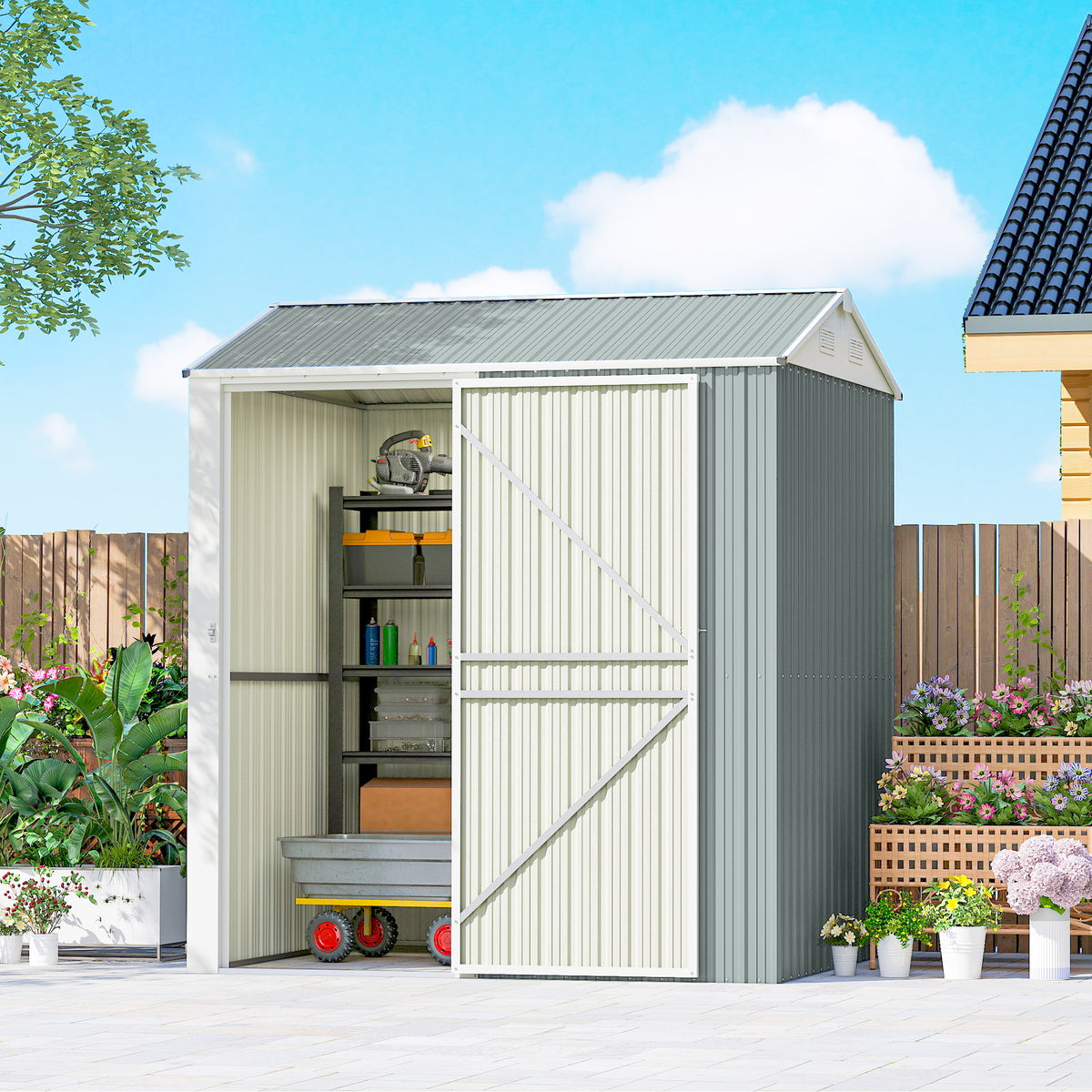 Outsunny Metall Gerätehaus 3,5 m², Hoher Abschließbar Geräteschuppen mit Sattedach Lüftungen – Produktabbildung 2