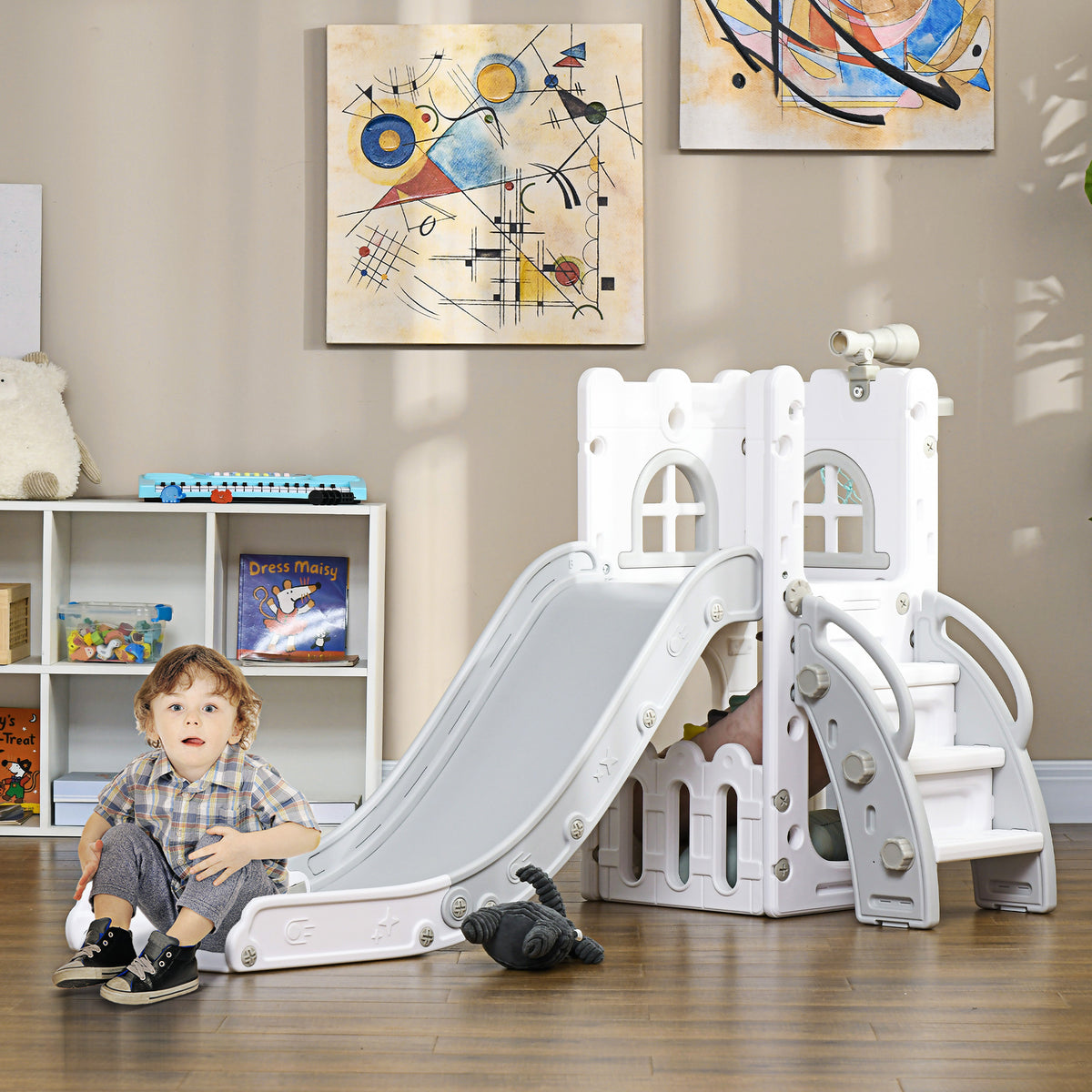 Kinderrutsche, 5 in 1, Kleinkinderrutsche mit Basketballkorb, Teleskop Klettergerüst Grau 70 x 177 x 92 – Produktabbildung 2