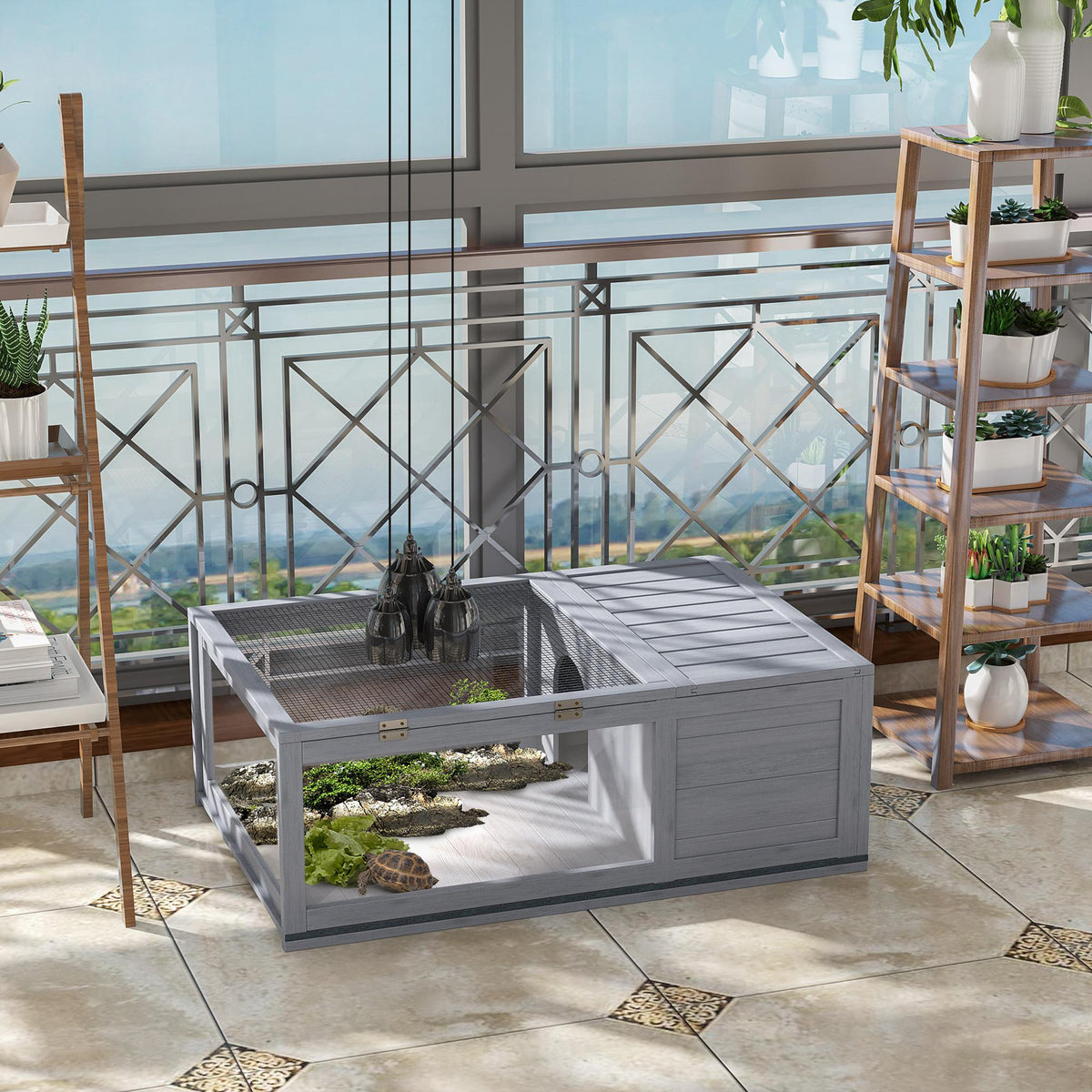 PawHut Schildkrötenhaus aus Holz Schildkrötengehege mit Haupthäusern aufklappbarem Oberseite 91x60,5x32 – Produktabbildung 2