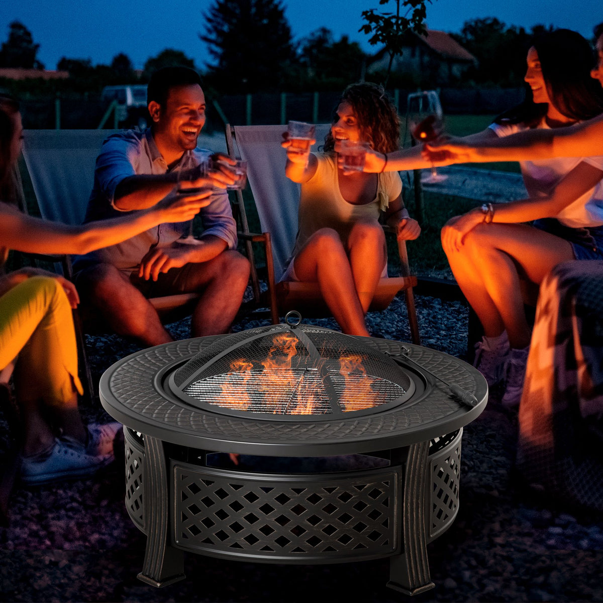 Fire pit with poker, spark screen, fire basket, round fire table, fireplace for garden, camping, BBQ, steel (2)