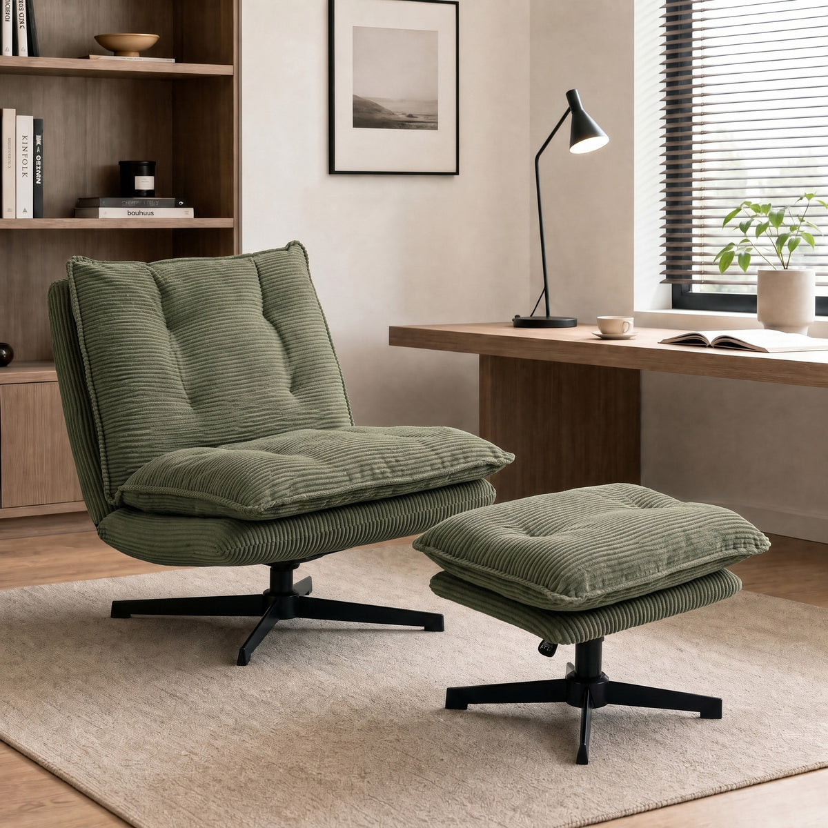 Lounge chair with ottoman, 360° swivel, corduroy upholstery, height-adjustable footrest, green (2)