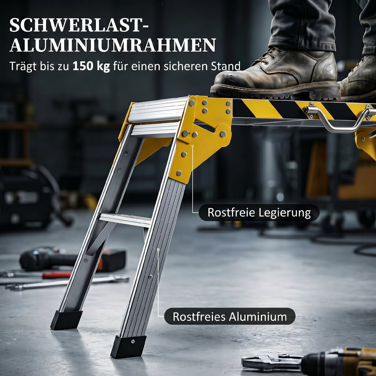 HOMCOM Arbeitsplattform Alu Werkbank Klappbar Arbeitstisch bis 150 kg, Arbeitsbühne mit Griff – Produktabbildung 4