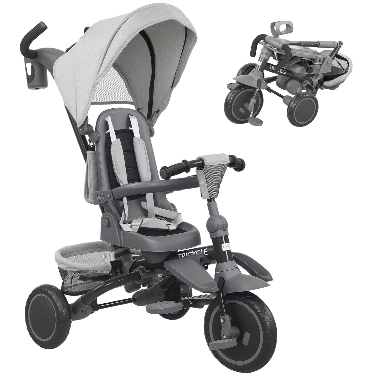 Children's tricycle, 6-in-1 toddler buggy, with push handle, adjustable seat, foldable design, safety net, grey