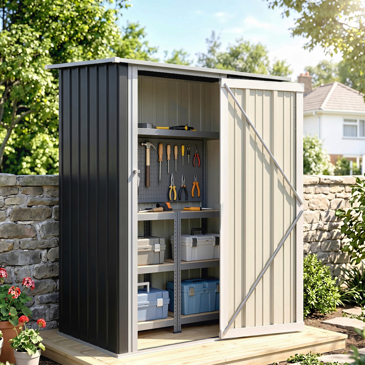 Metal tool shed 1.07 m² 142 x 86 x 189 cm equipment shed with pent roof, lockable door, weatherproof garden (2)