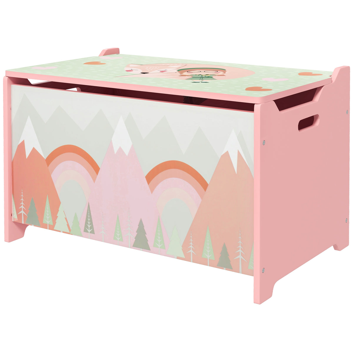 Storage box with storage space, toy chest with safety hinge lid, cute animal design, 60 x 37 x 39 cm, pink