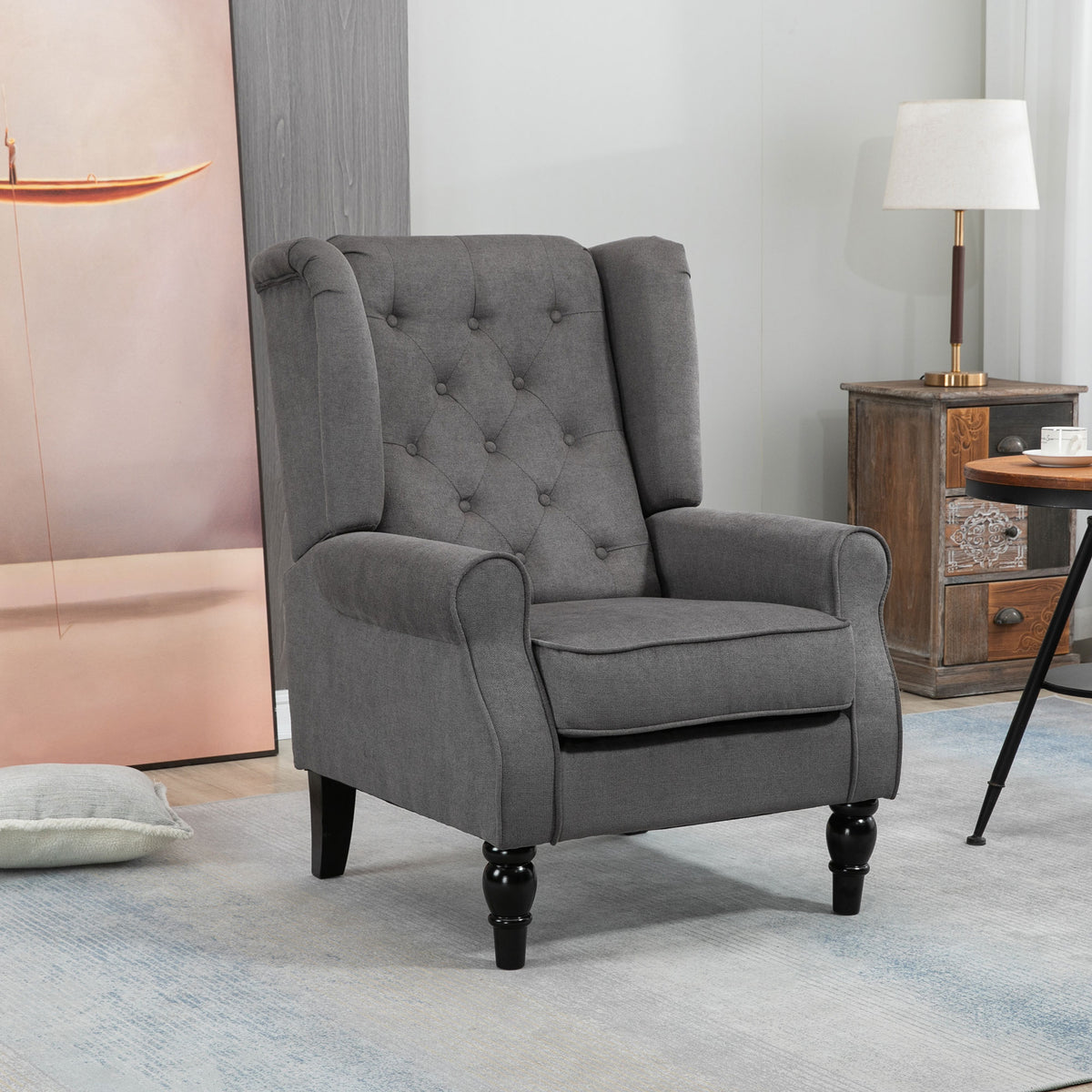 HOMCOM Ohrensessel im Vintage-Design, Lesesessel, Akzentsessel, Holzbeine, Knopfheftung, Grau + Schwarz – Produktabbildung 2