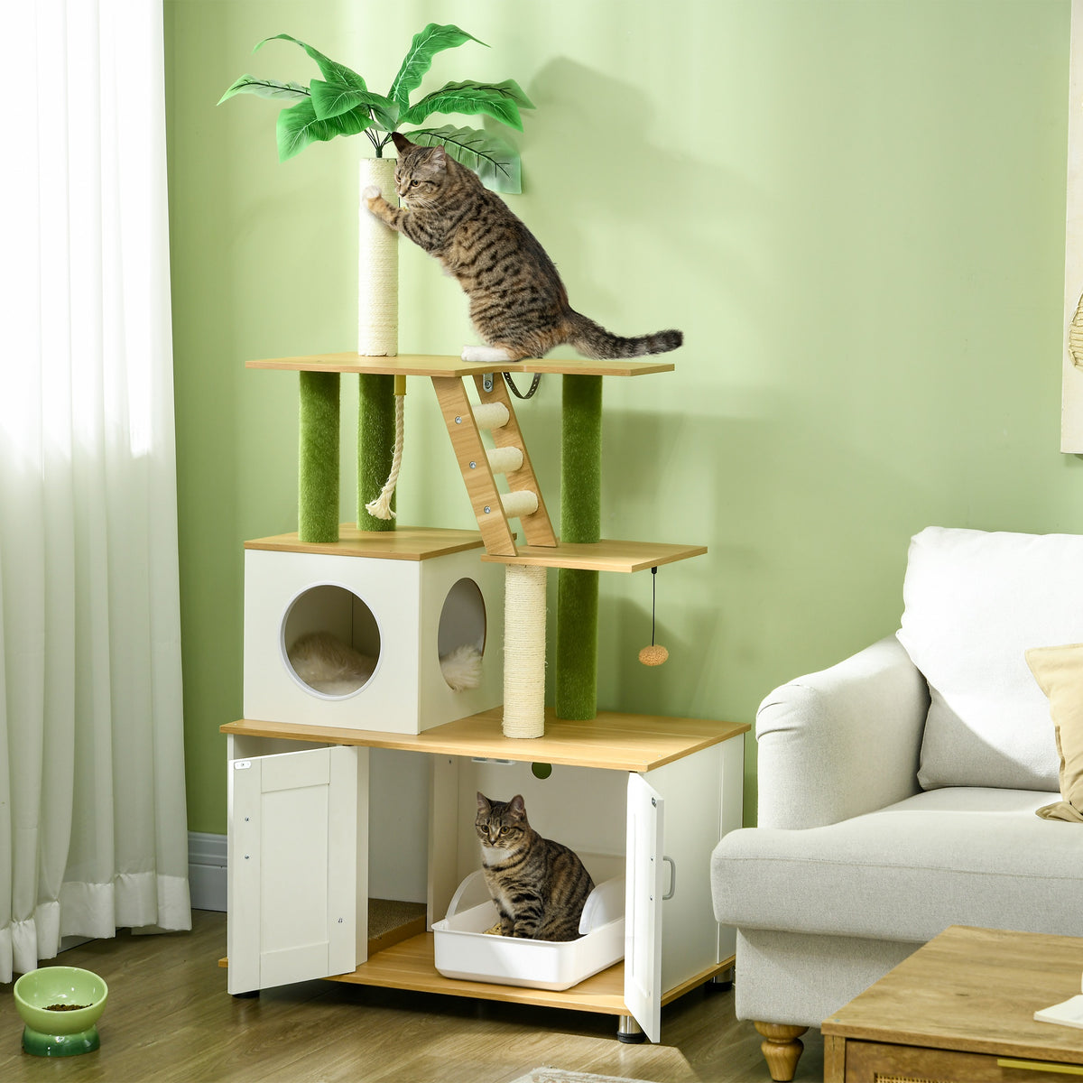PawHut Kratzbaum Katzenbaum, inkl. Schrank, 1 Katzenhöhle, 80 x 48 x 160cm, 1 Leiter, Eiche + Weiß – Produktabbildung 2