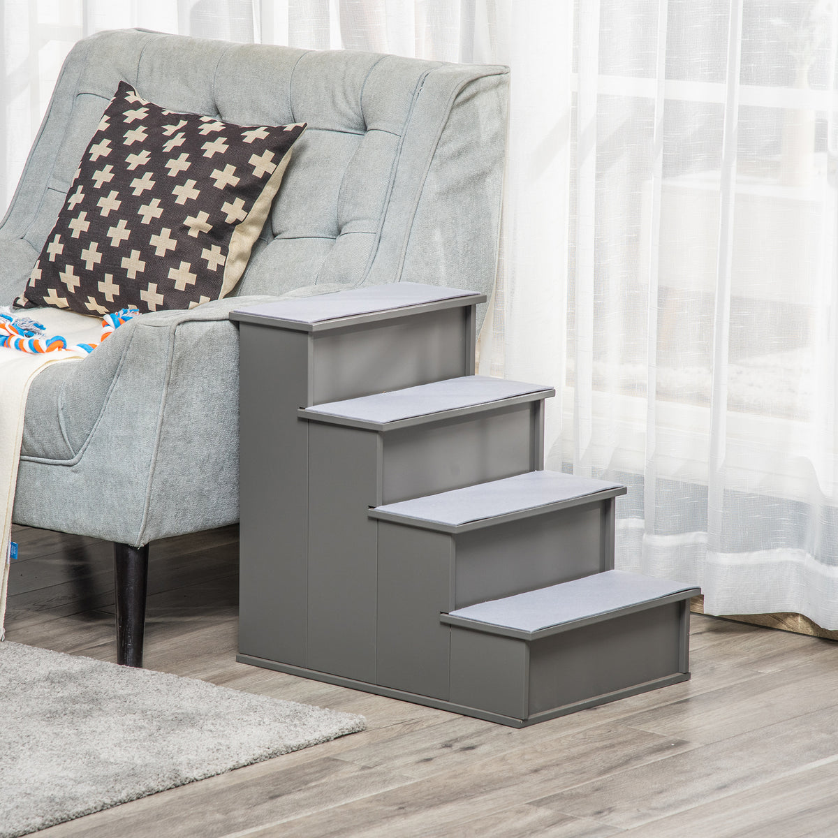 PawHut Haustiertreppe, für Hunde/Katzen, 4-stufig, Kurzplüsch, bis 30 kg, 40 x 59 x 54,2 cm, Grau – Produktabbildung 2