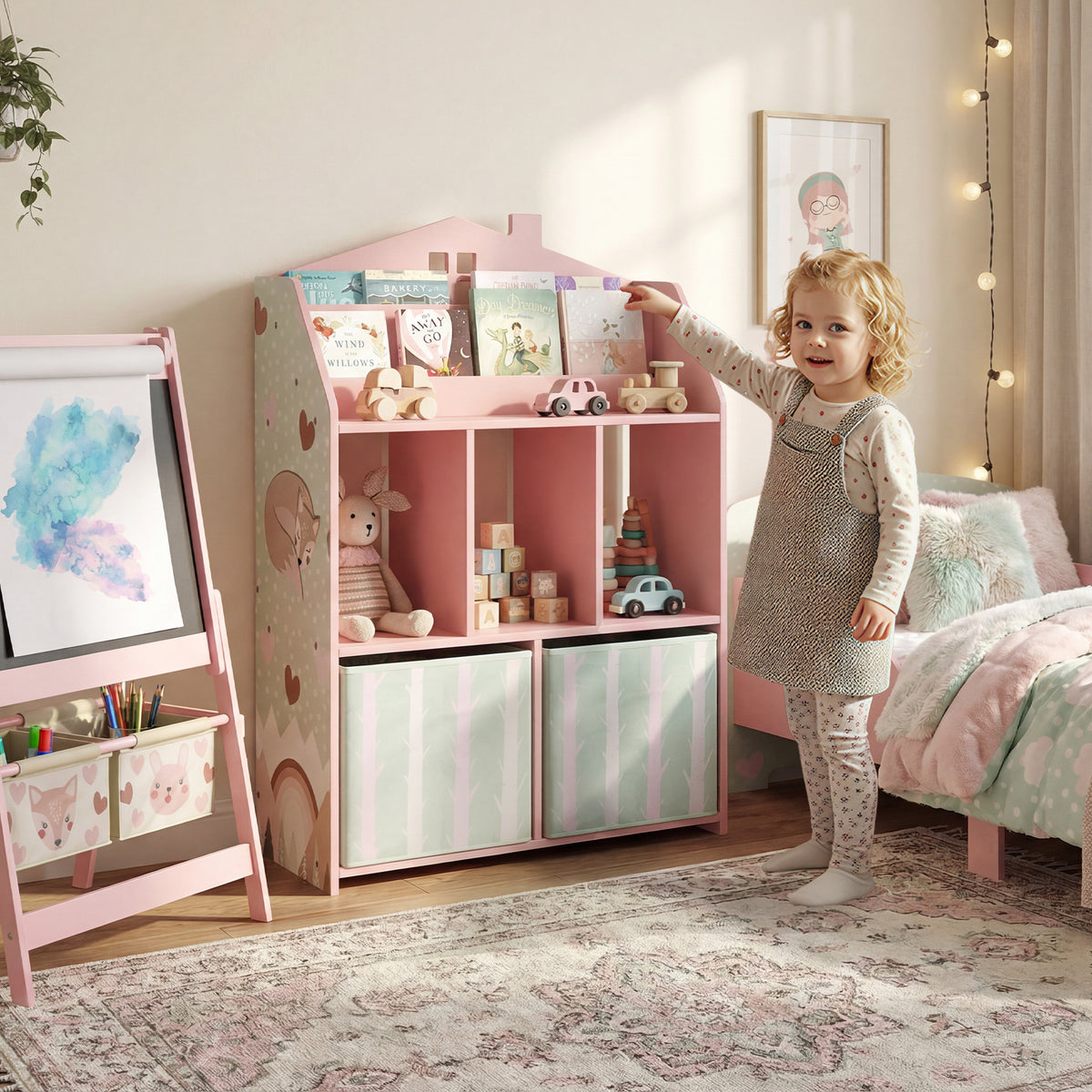 Kids' Bookshelf Children's Bookcase with 2 Fabric Drawers Open Shelf for Ages 3-8, 62.5x30x91.5 cm Pink (2)