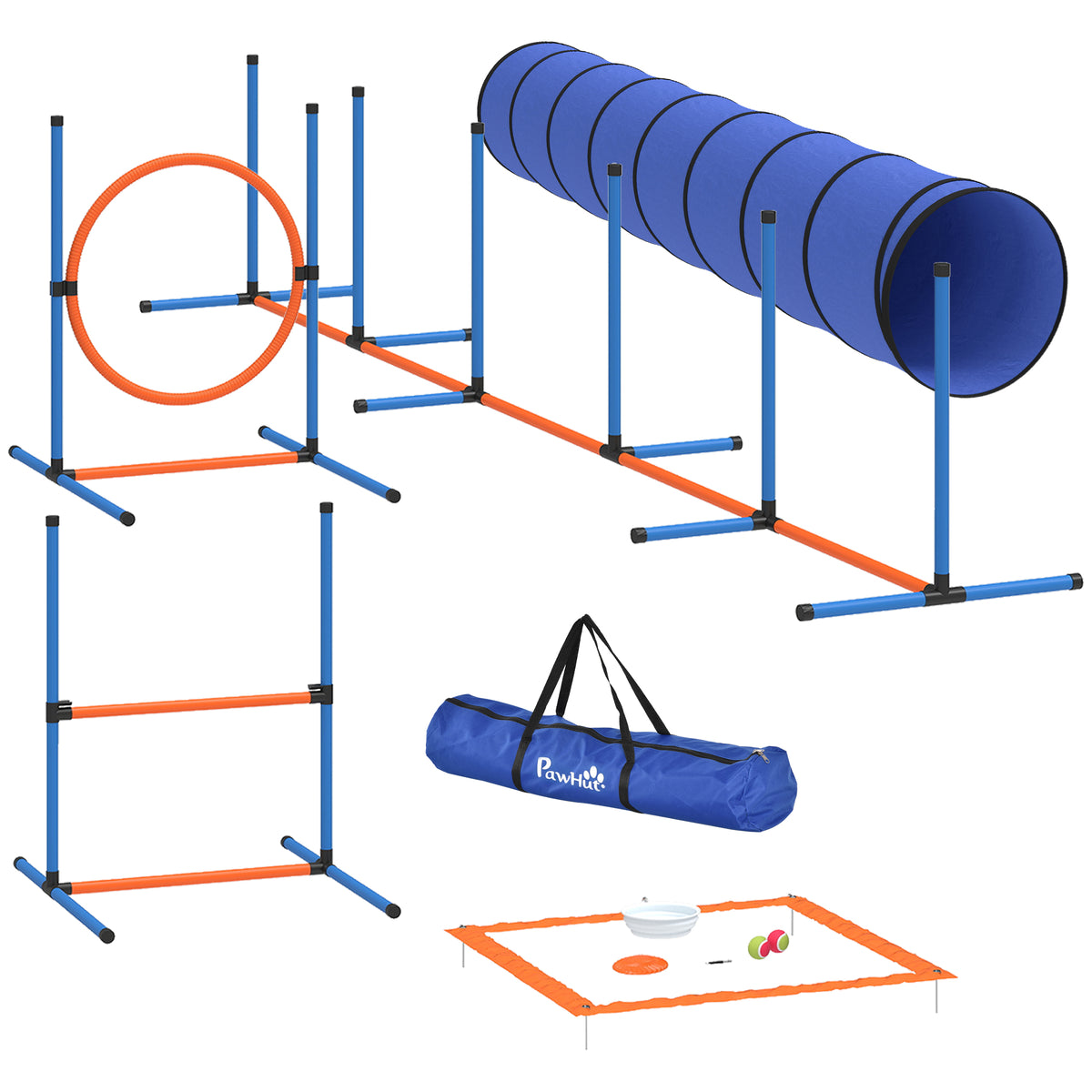 PawHut Hundetrainings-Set für Agility, 8-teiliges Set mit Tunnel, Slalomstangen, verstellbaren Hürden