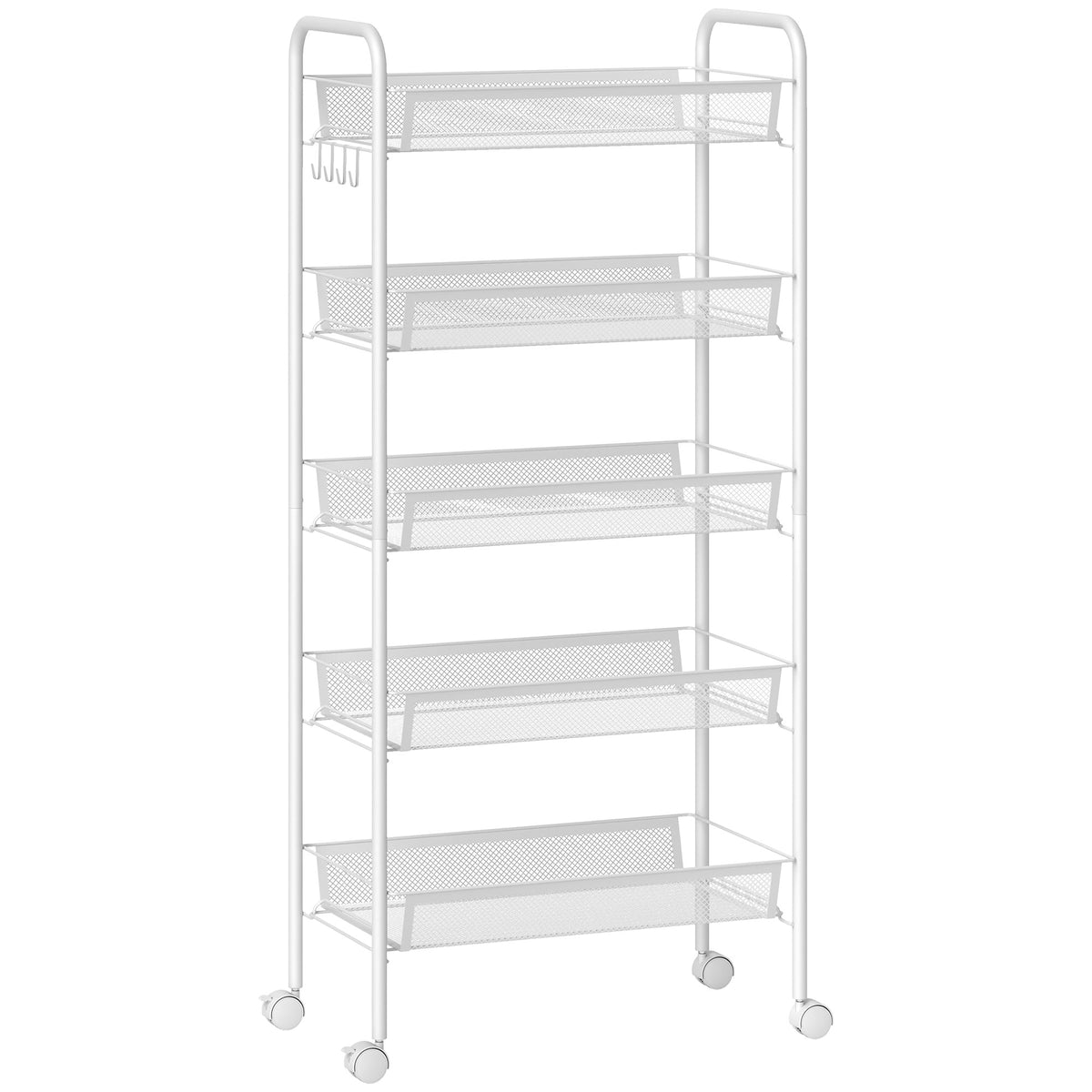 HOMCOM Küchenwagen mit 5 Drahtkörben, 4 Haken, 4 Rollen, 2 Griffe, Stahl/Kunststoff, 45x26,5x106 cm, Weiß