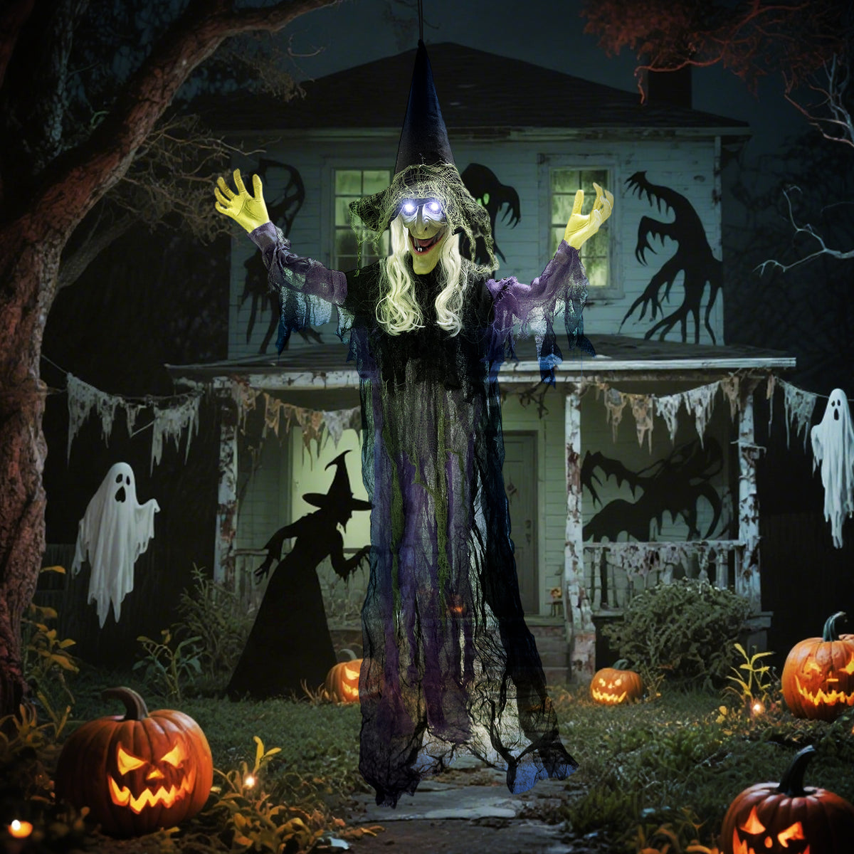 Outsunny 183cm Halloween Dekoration Hängende Halloween Hexe mit LED-Lichter, Soundfunktion verstellbare – Produktabbildung 2