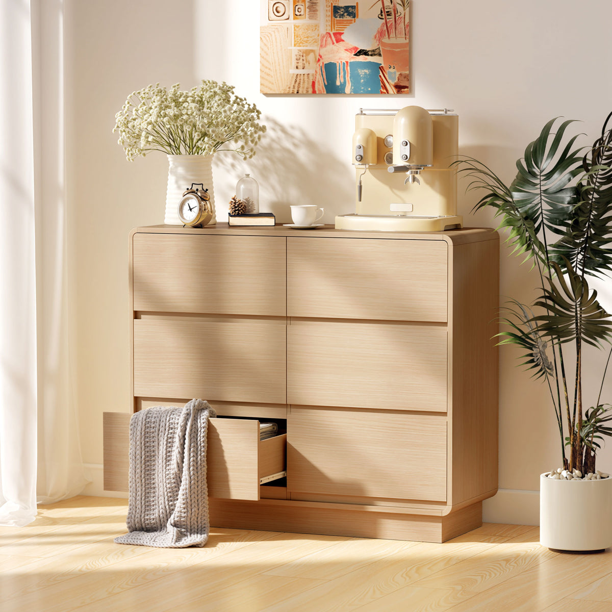 100 cm sideboard, buffet cabinet with 6 drawers, dresser for kitchen, living room, dining room, natural wood (2)