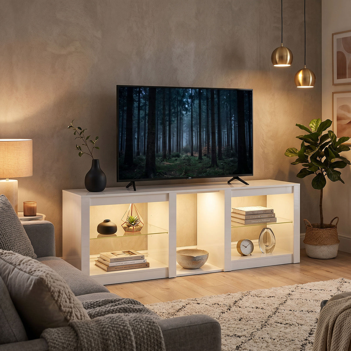 HOMCOM TV-Lowboard mit RGB-LED-Beleuchtung, Modernes TV-Möbel mit verstellbaren Glasböden, für Fernseher – Produktabbildung 2